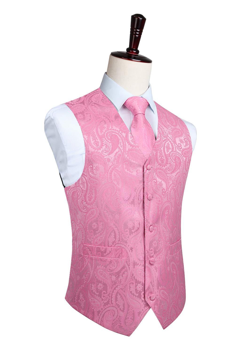 HISDERN HISDERN Men's Vest Tie Set Paisley Floral Jacquard Casual Silk Necktie Pocket Square Waistcoat for Suit or Tuxedo Pink