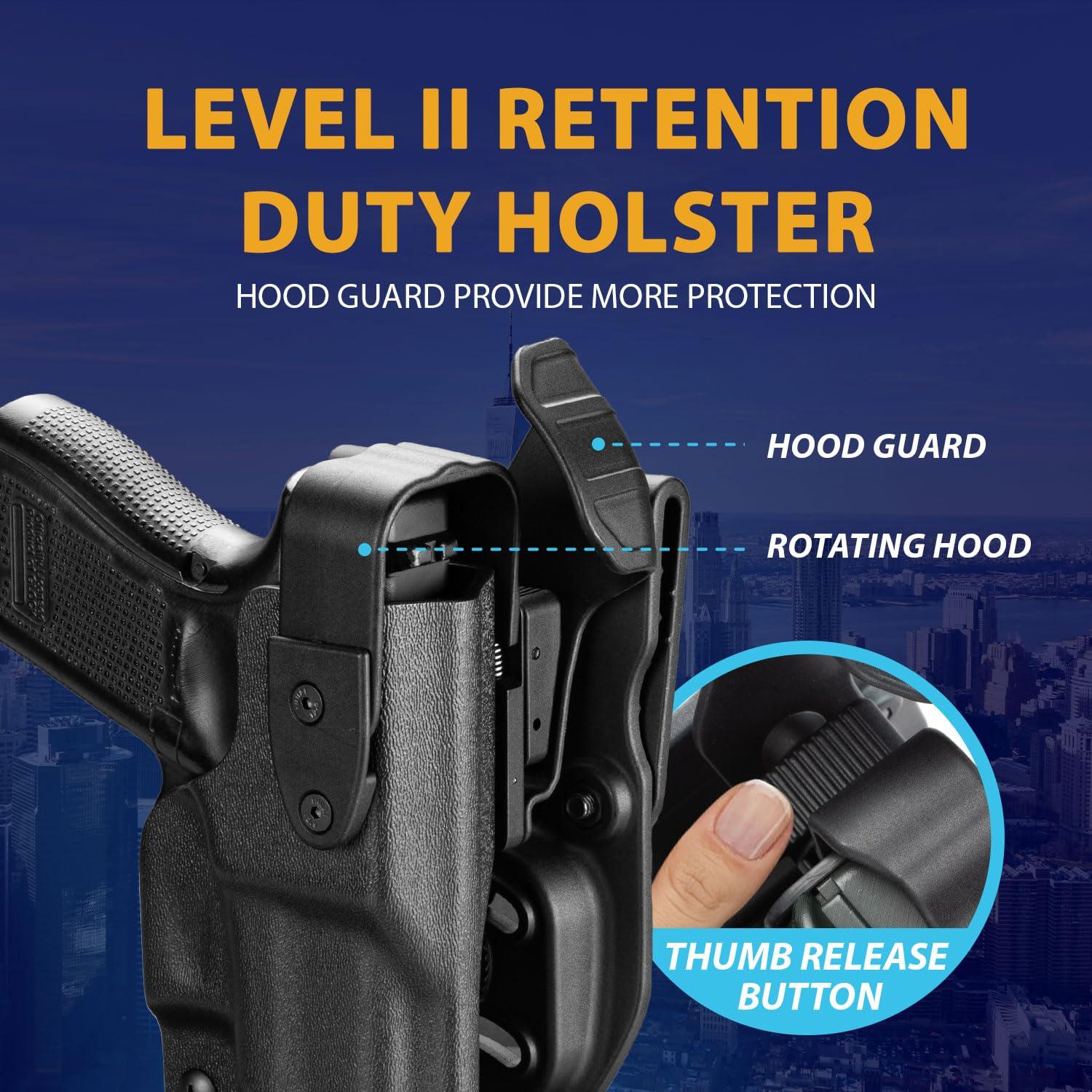 WARRIORLAND WARRIORLAND Duty Holster Level II Retention w/Hook Guard & Rotating Hood Compatible with Glock 19 19X 44 45 Gen 3 4 5 & G23 32 Gen 3 4, 2.25 Inch Outside Waistband, Adj. Retention&Ride Height, Right