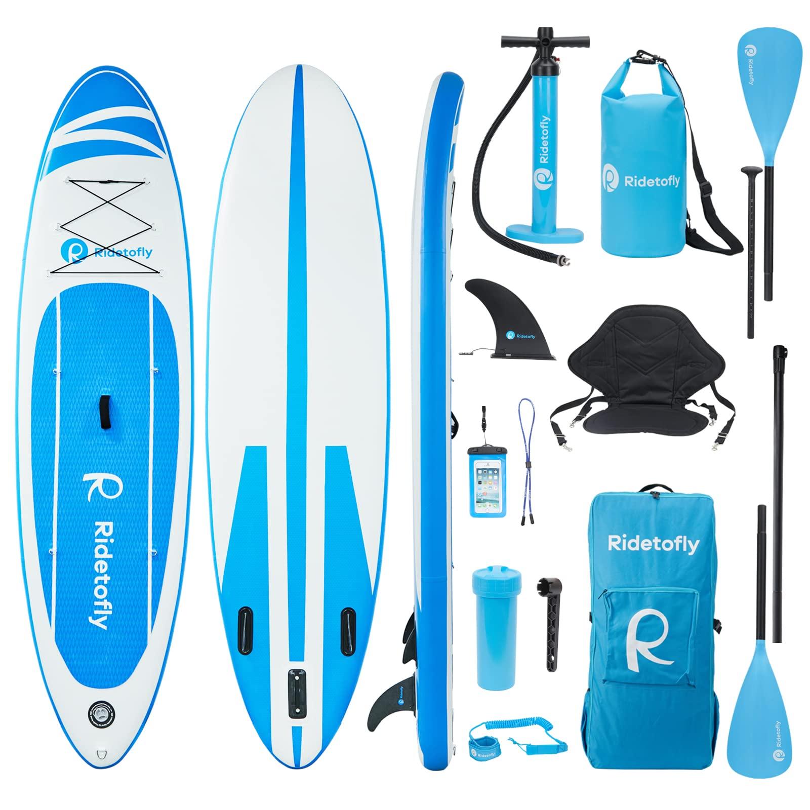Ridetofly Ridetofly SU01 Stand Up Paddle Board, 10.6\'x32\'\'x6\'\' Inflatable Paddle Board with SUP Accessories, Included Hand Pump, Adjustable Paddle/Seat, Waterproof Bag, for Yoga, Fishing, Touring, Light-Blue
