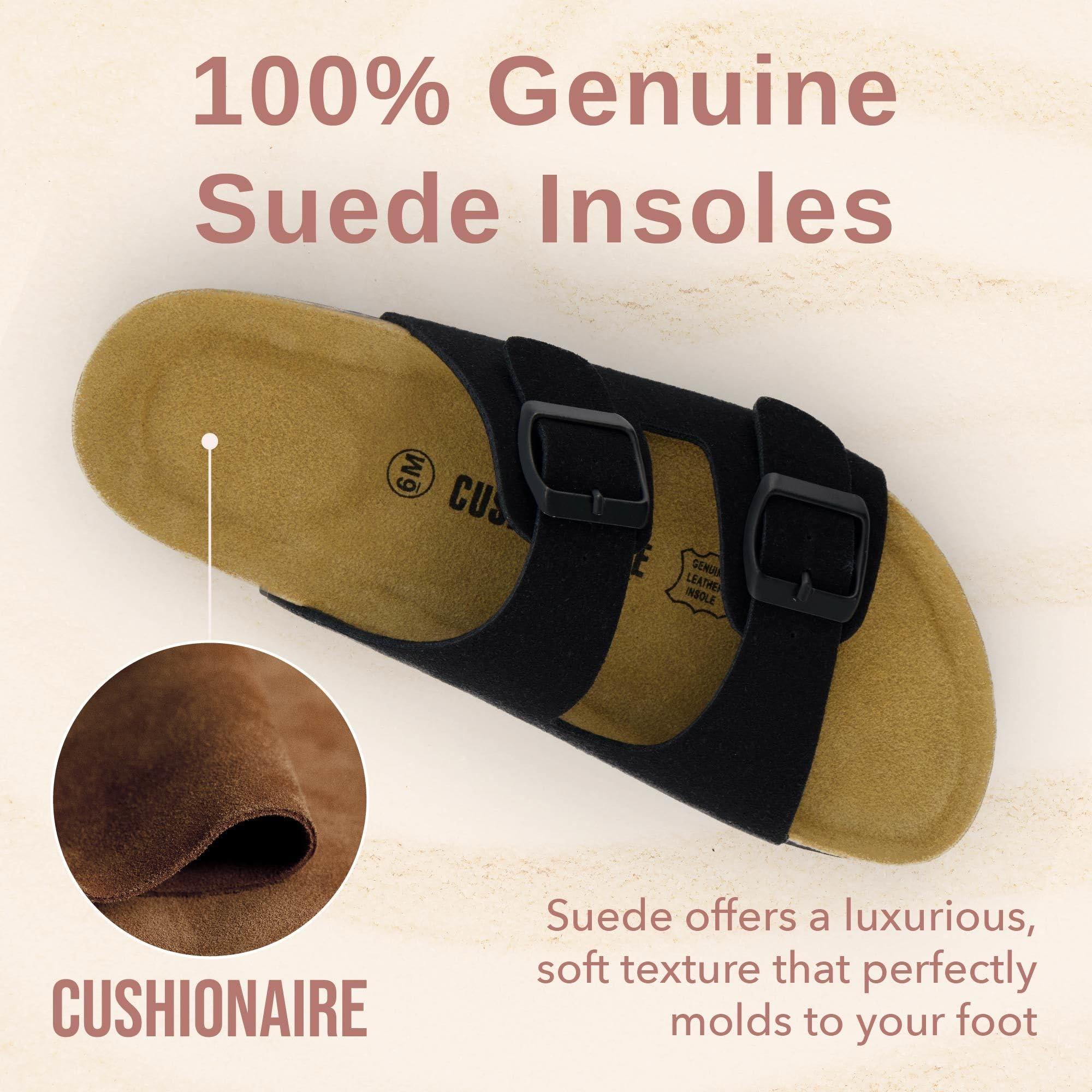 CUSHIONAIRE CUSHIONAIRE Lane Cork Footbed Sandals for Women Comfortable Double Buckle Slip-On with Genuine Suede Footbed & Arch Support Slides for Women Footwear, BLACK 7