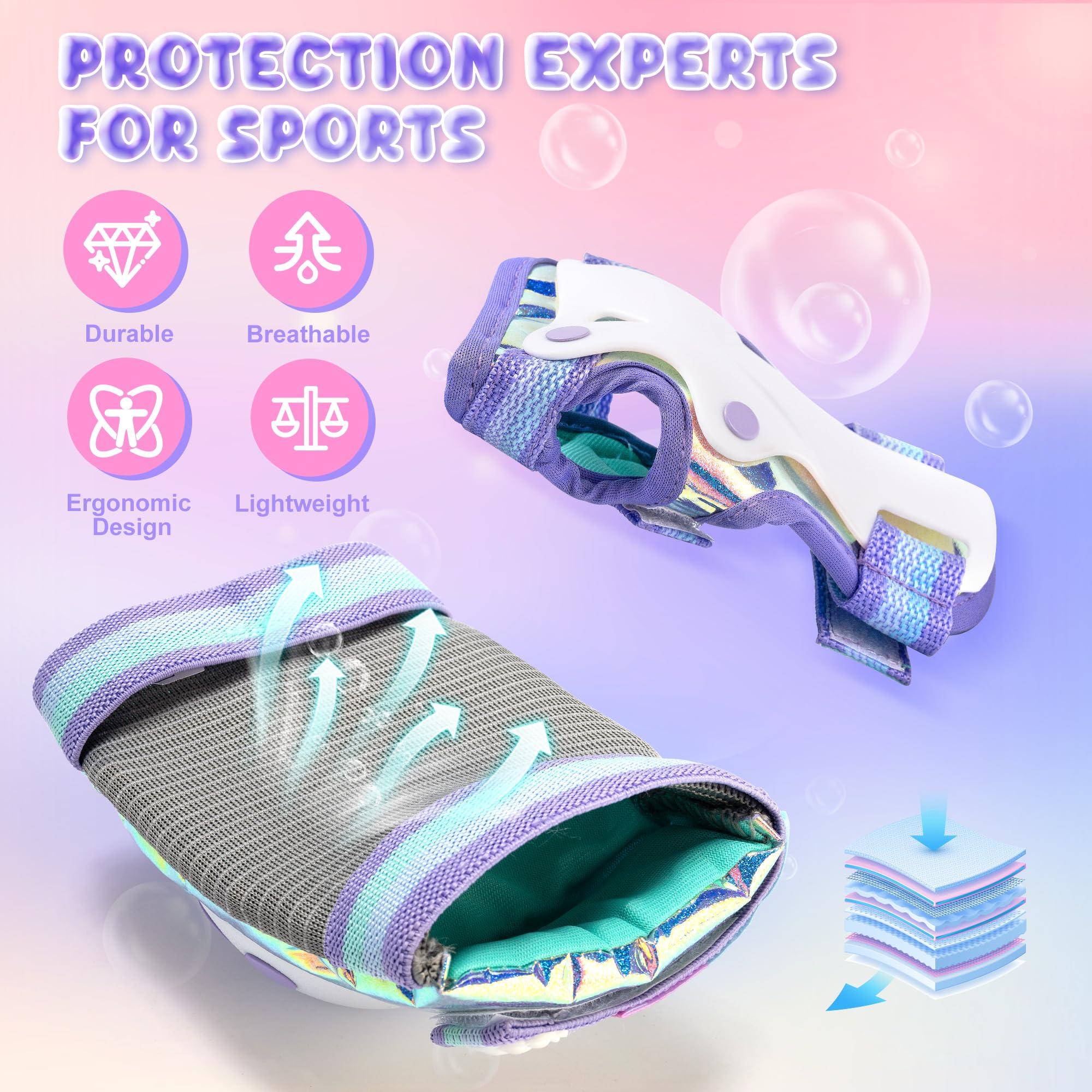 NEMONE NEMONE Mermaid Knee Pads for Kids, Girls Boys Knee Elbow Pads Wrist Guards with Drawstring Bag, Adjustable Reflective Protective Gear Set for Roller Skates Bike Cycling Skateboard Scooter