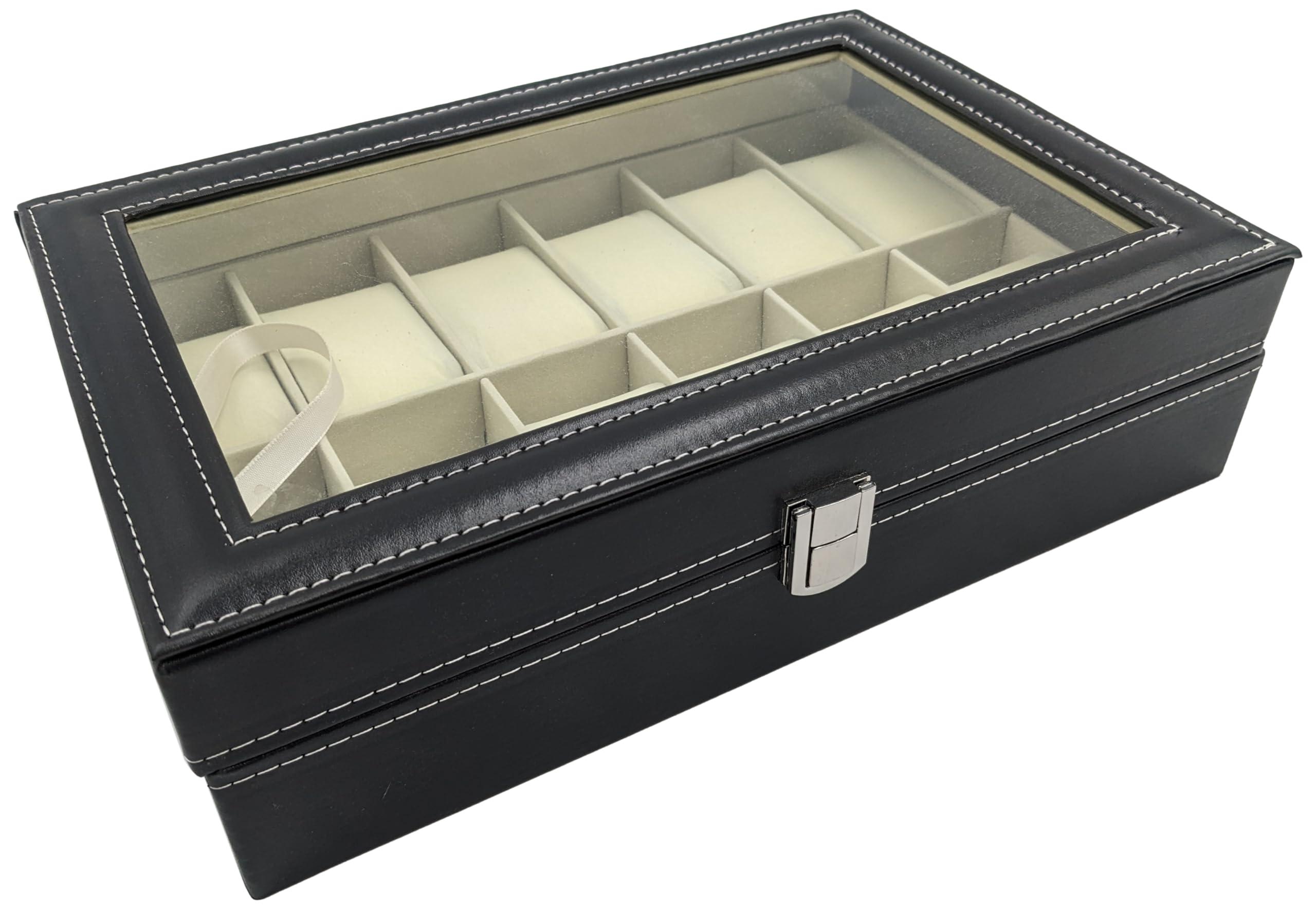 Science Purchase SciencePurchase Watch Box Large 12 Mens Black Leather Display Glass Top Jewelry Case Organizer