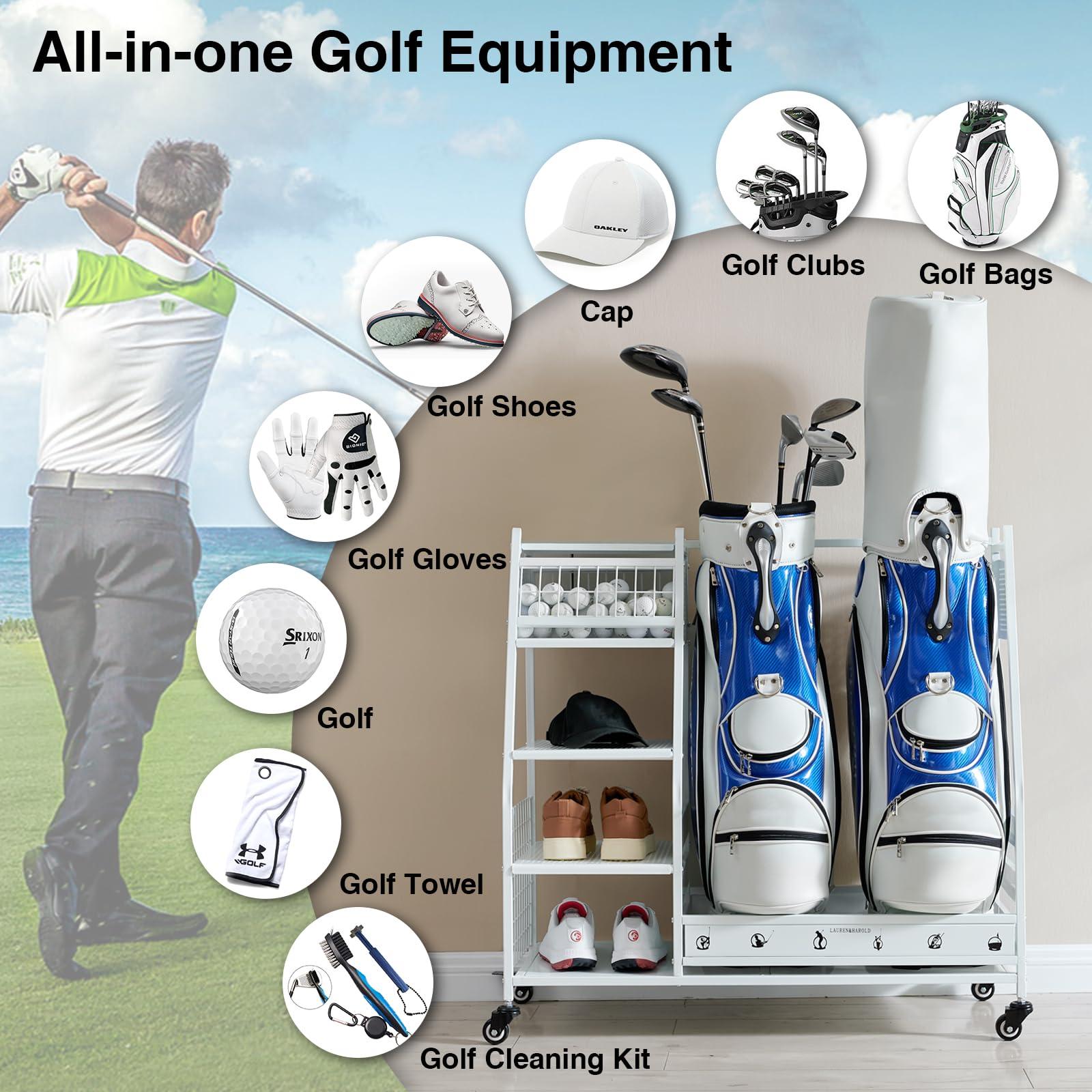 Lauren Harold Lauren&Harold Golf Bag Organizer - Fits 2 Bags, Clubs & Accessories - Garage, Shed, Basement Storage, White