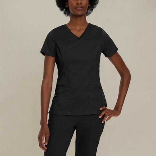 Landau Landau Proflex Tailored Fit Stretch 3-Pocket Mock Wrap Scrub Top for Women 4161 Black