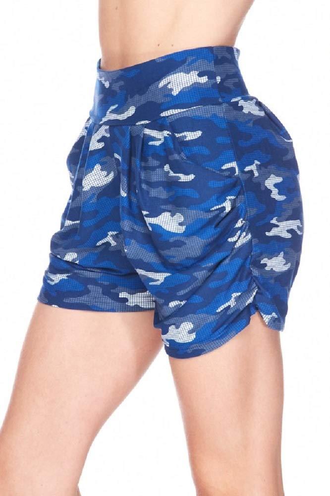 New Mix New Mix Premium Ultra Soft Brushed Yummy Print Harem Shorts with Pockets (Small/Medium, Blue Grid Camo)
