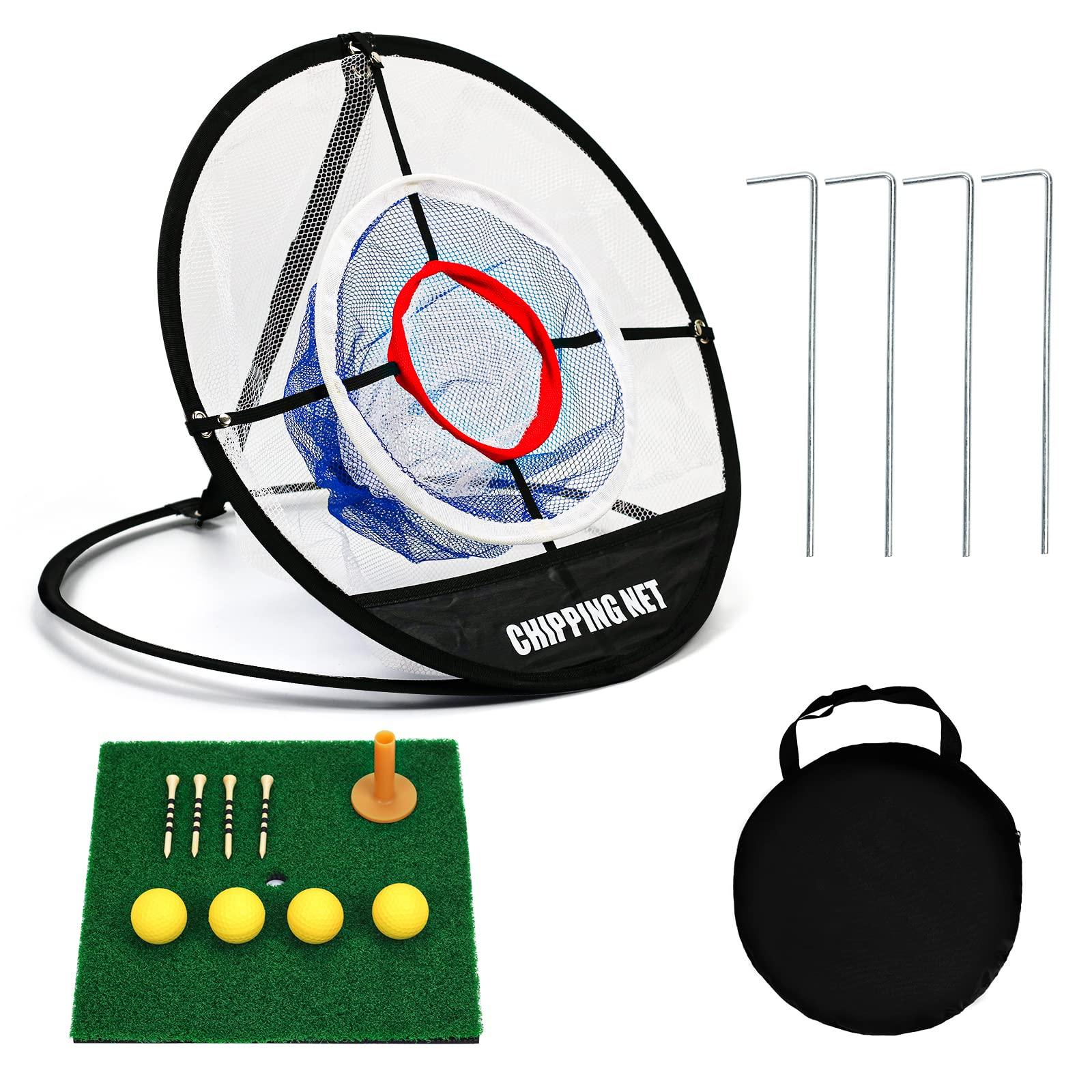REYSHIN Golf Practice Chipping Net with Golf Hitting Mat, Pop Up Golf Nets Portable Chipping Net Golf Target Wooden Tees Rubber Tee Holder Golf Balls Fixed Parts for Swing Training(Golf Net+Mat)