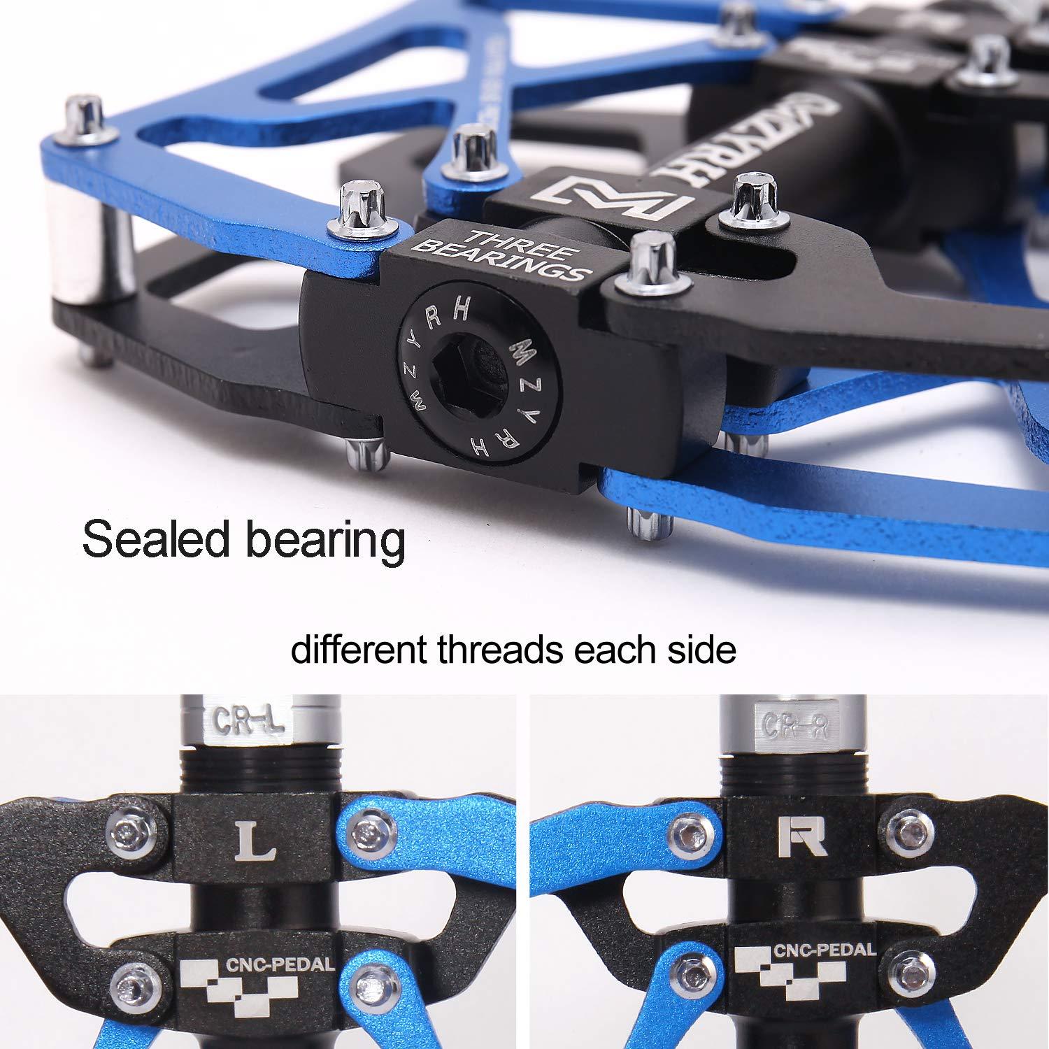 MZYRH MZYRH Mountain Bike Pedals, Ultra Strong Colorful CNC Machined 9/16" Cycling Sealed 3 Bearing Pedals (Blue Black Black)
