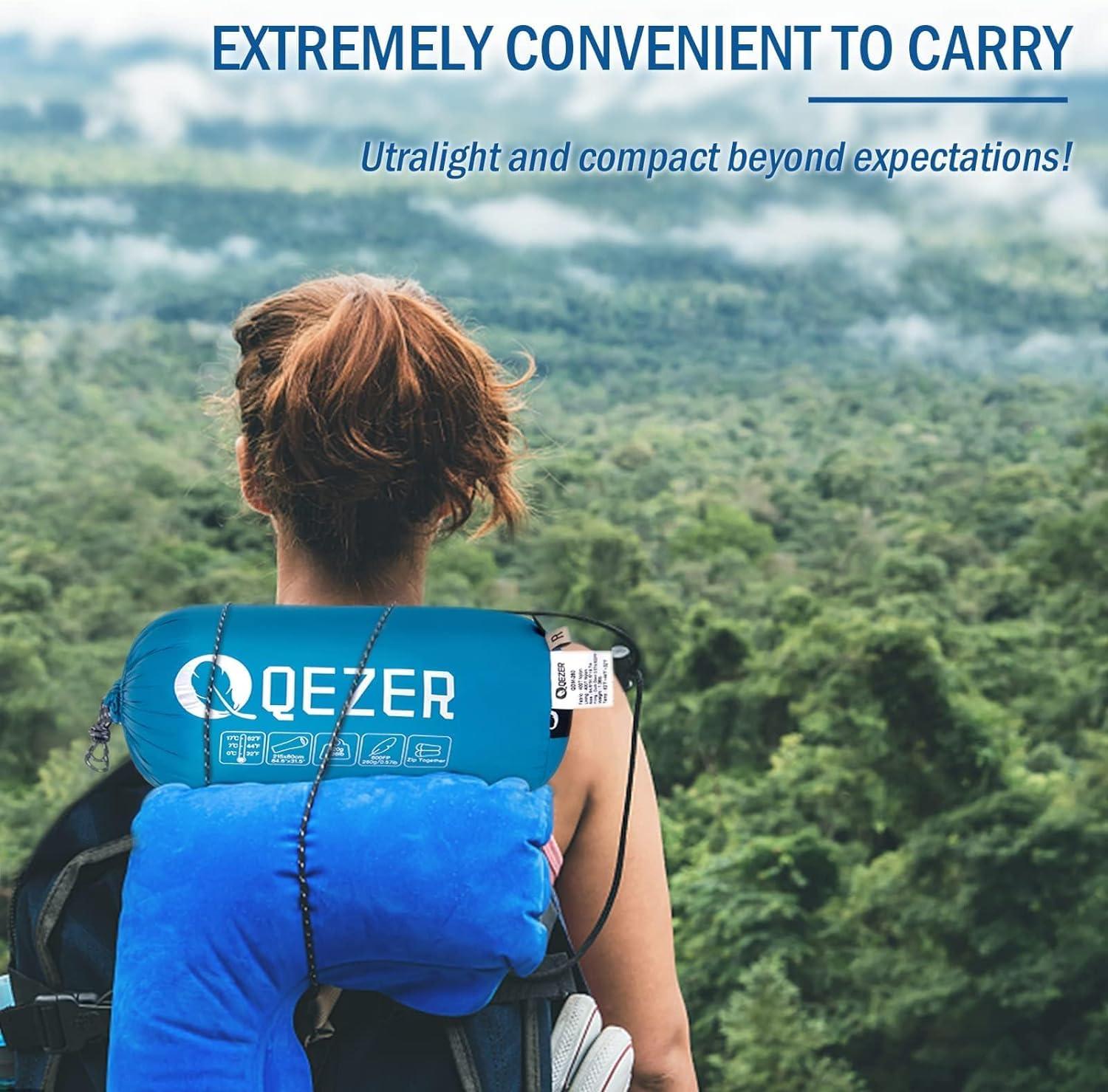 QEZER QEZER Ultralight Down Sleeping Bag for Adults 37-60 Degree F with 600 Fill Power, Compact Summer Sleeping Bag with Compression Sack for Backpacking, Hiking and Camping