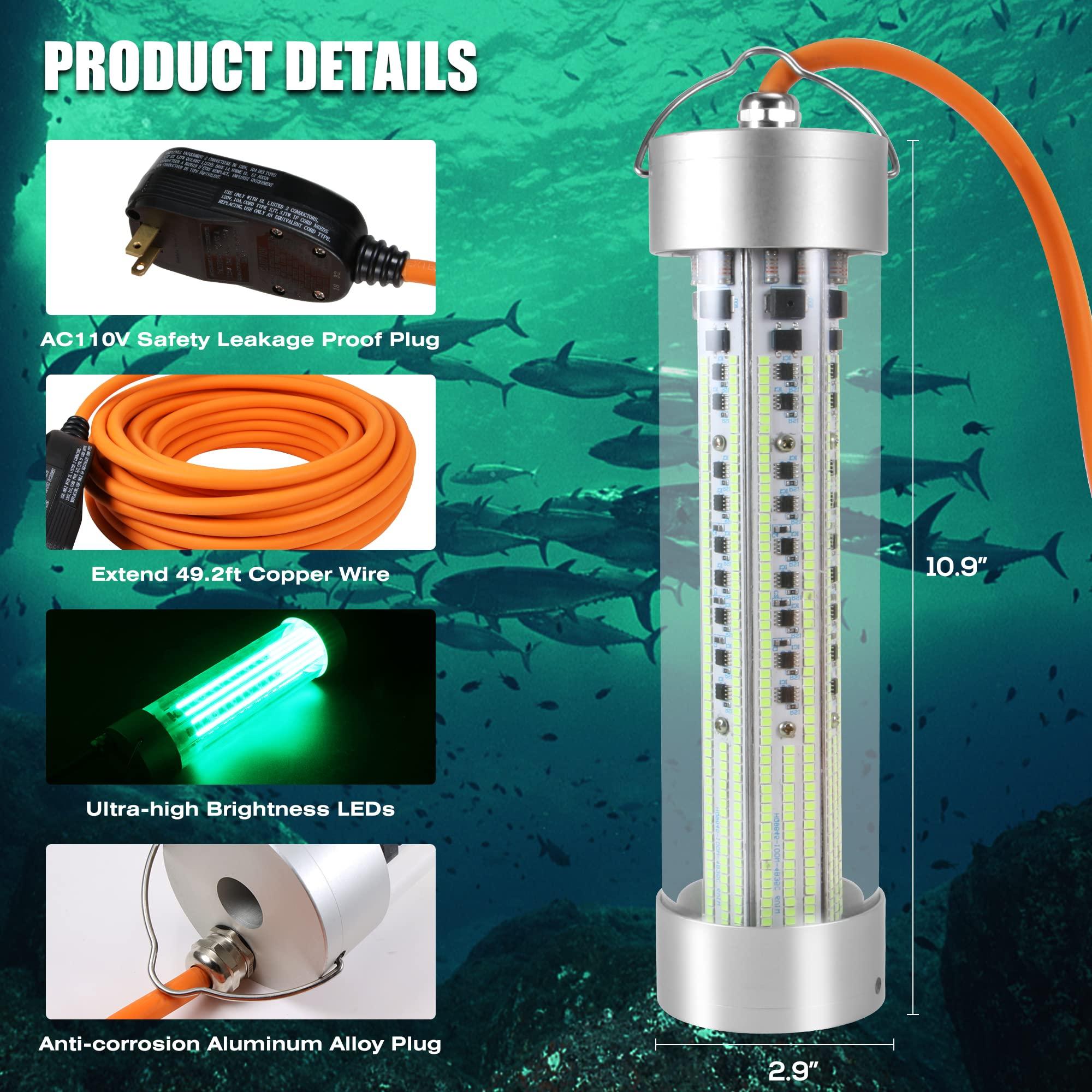 HUSUKU HUSUKU FS3-1 LED Underwater Fishing Light - AC110V 800W 80,000LM with 50ft Cord Green Night Fishing Finder, Fish Attractor, IP68 Led Submersible Lamp for Dock, Crappie, Snook, Squid, Shad, Shrimp