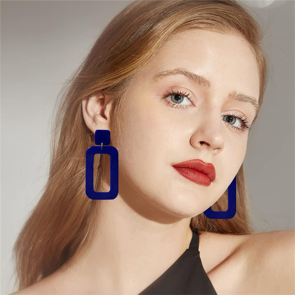 DIYANMMY DIYANMMY Retro Simple Acrylic Geometric Square Hollow Earrings for Women White Statement Drop Earring (Blue Square Hollow Earrings)