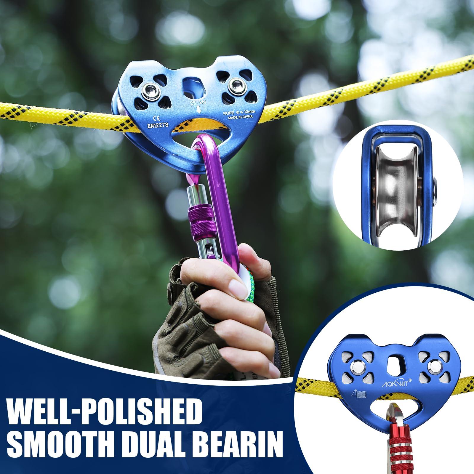 AOKWIT Zip Line Pulley 8-13mm Climbing Pulley Cable Rope Durable Aluminum Stainless Steel Roller Double Tandem Speed Dual Pulley 25KN for Backyard Zipline Hauling Rigging Mountaineering Rescue Climbing Gear