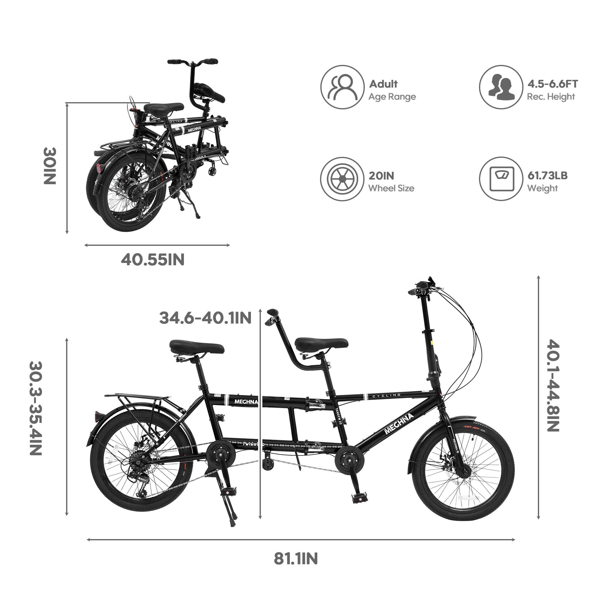 BGGFNZ Foldable Tandem Bike, 20 Inch Family Tandem Bikes for Adults, Adjustable 7-Speed Tandem Bicycles Beach Cruiser Bike for Travel and Couple Riding, High Carbon Steel Frame