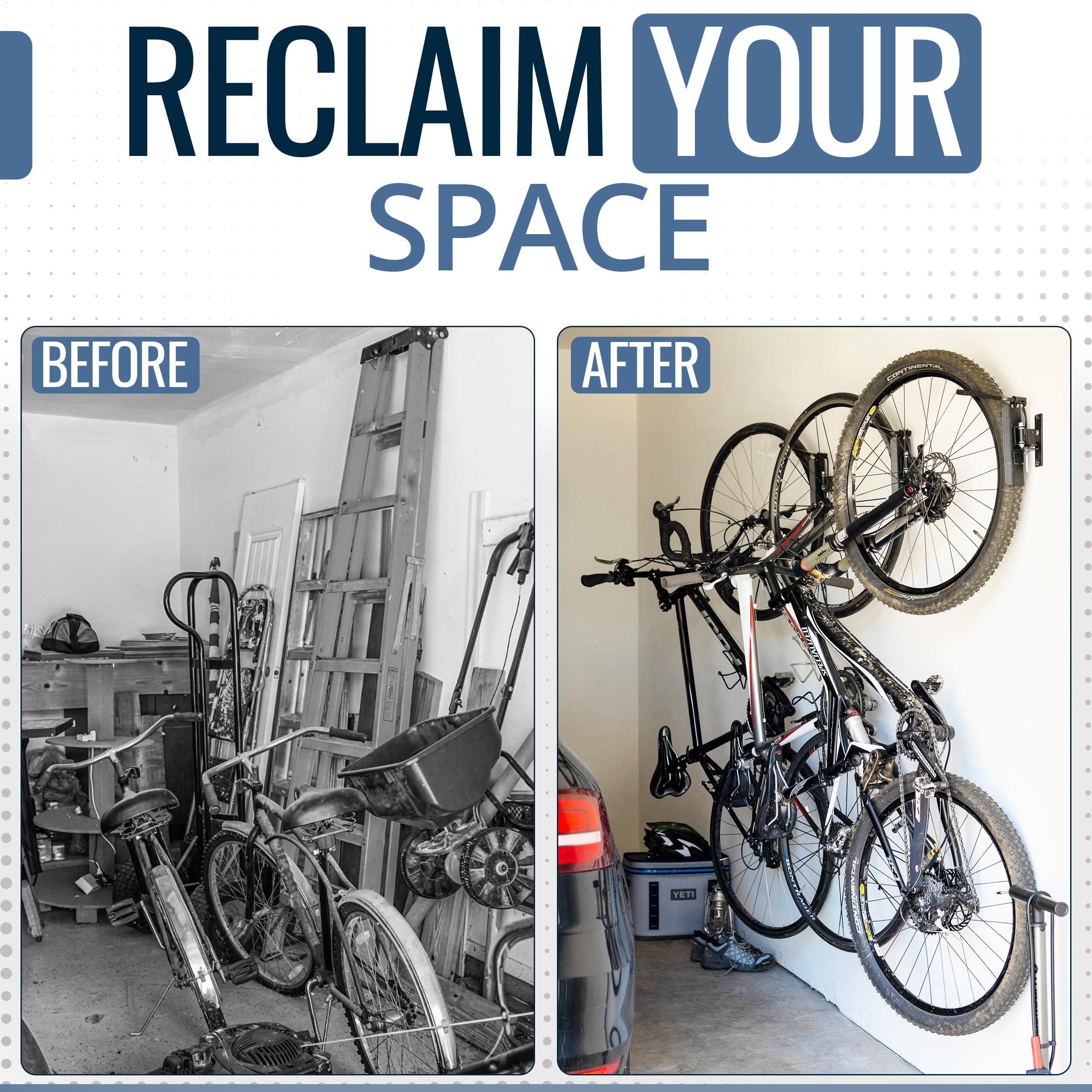 StoreYourBoard StoreYourBoard Swivel Bike Rack Garage, 4 Pack Wall Mount, Bike Storage Hooks, Space Saving Hangers