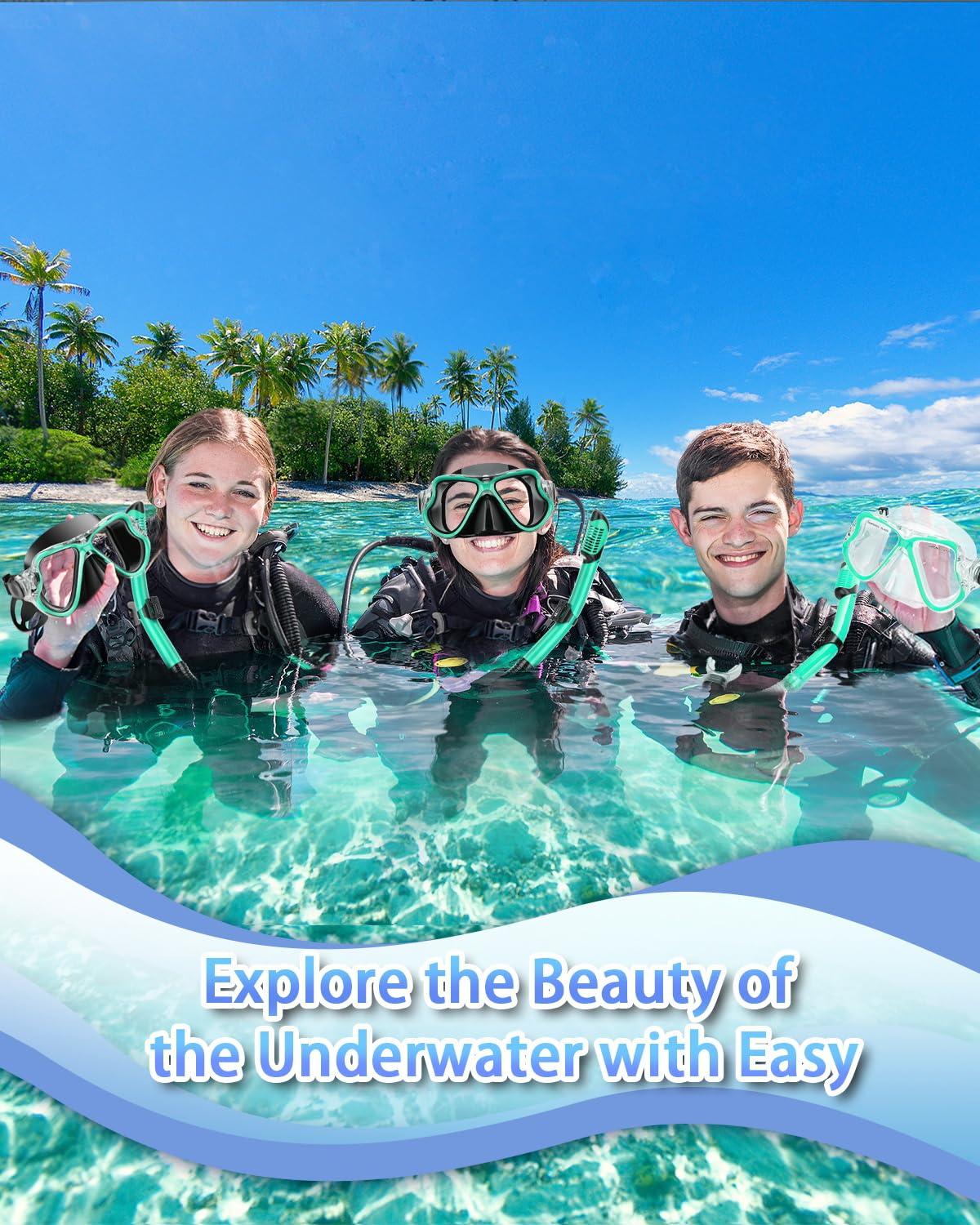 PIYAZI PIYAZI Snorkeling Gear for Adults Kids, Dry Snorkeling Set, Panoramic Anti-Leak and Anti-Fog Tempered Glass Lens, Adjustable Strap Snorkel Set with Mesh Bag Ear Plug for Snorkeling Scuba Diving Travel