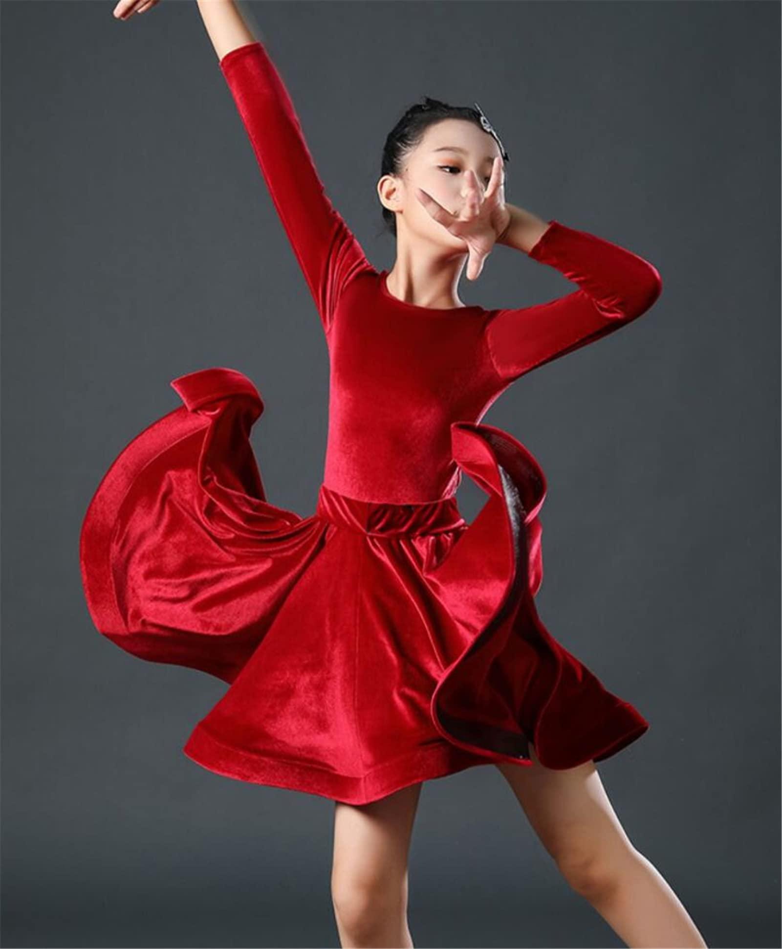 OTMYIGO OTMYIGO Girl Latin Dance Dress Tango Salsa Dancewear Dress Ballroom Competition Party Stage Performance Practice Costumes,Red,M