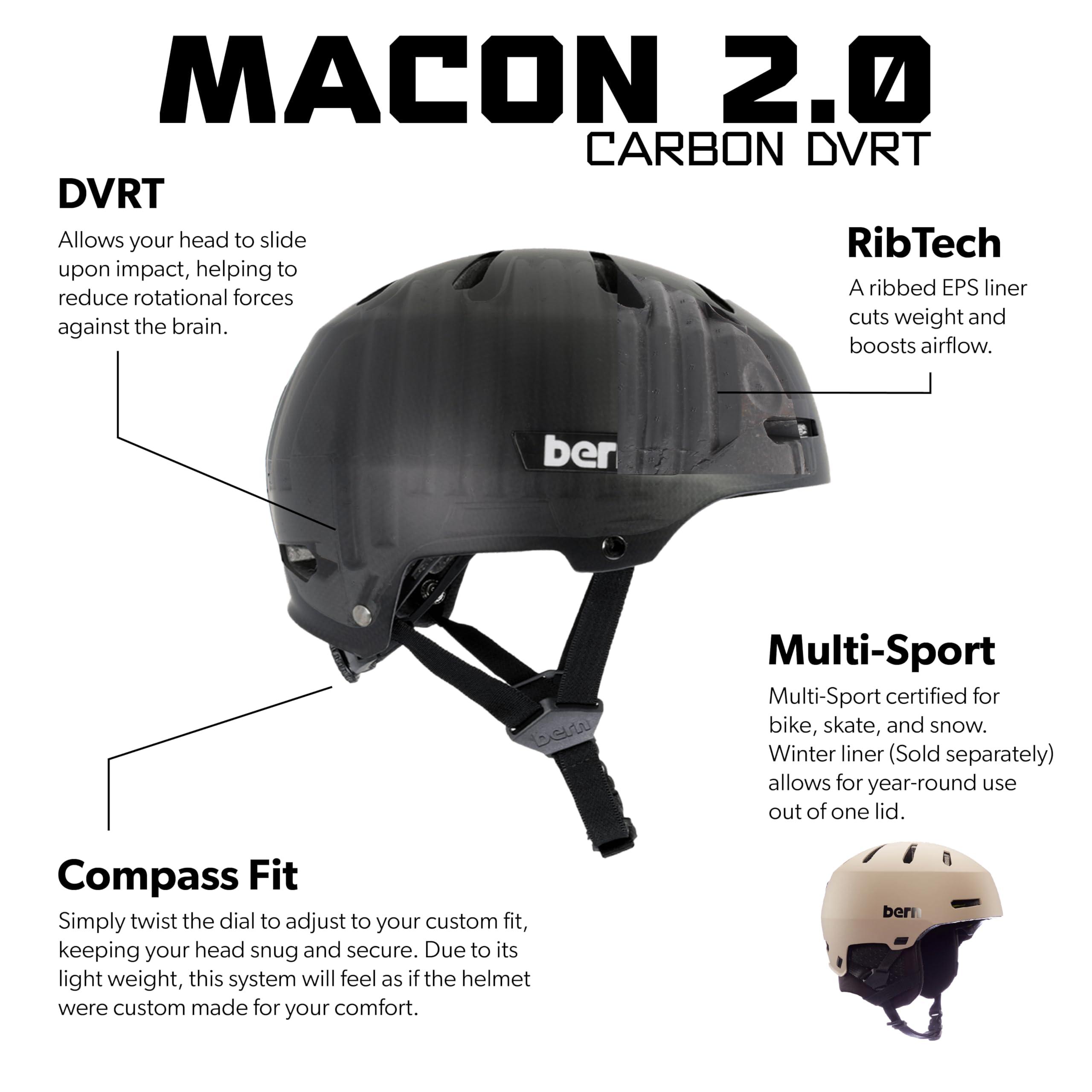 BERN Bern, Macon 2.0 Multisport Carbon Helmet, for Bike, Skateboard, Rollerblade, Scooter, Multi Impact Protection System (MIPS), Carbon Semi-Gloss Black, Small