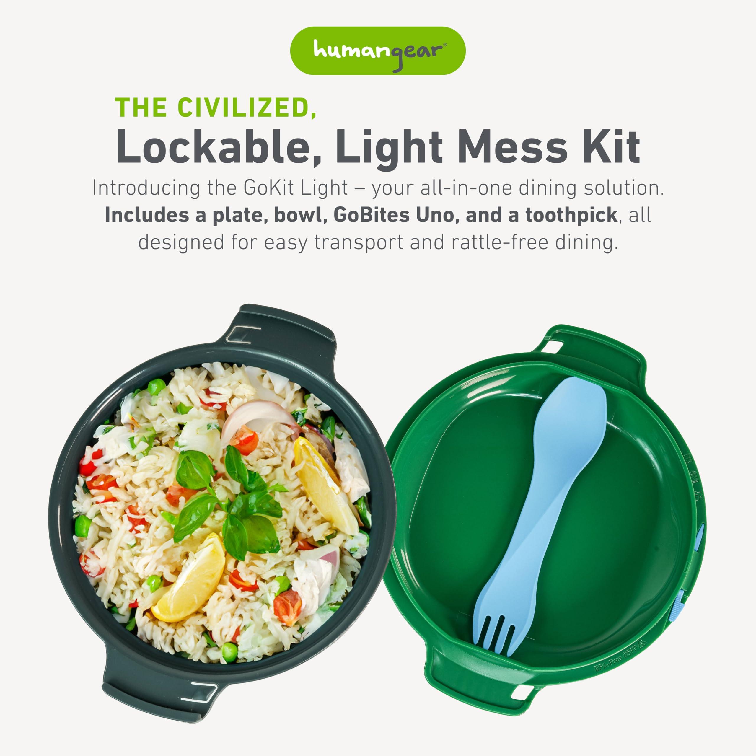 humangear humangear GoKit Light: 5-Tool Lightweight Camping Mess Kit with Camping Plate, Bowl, Utensil, and Toothpick - Ideal On-The-Go Camping Solution, Charcoal/Green