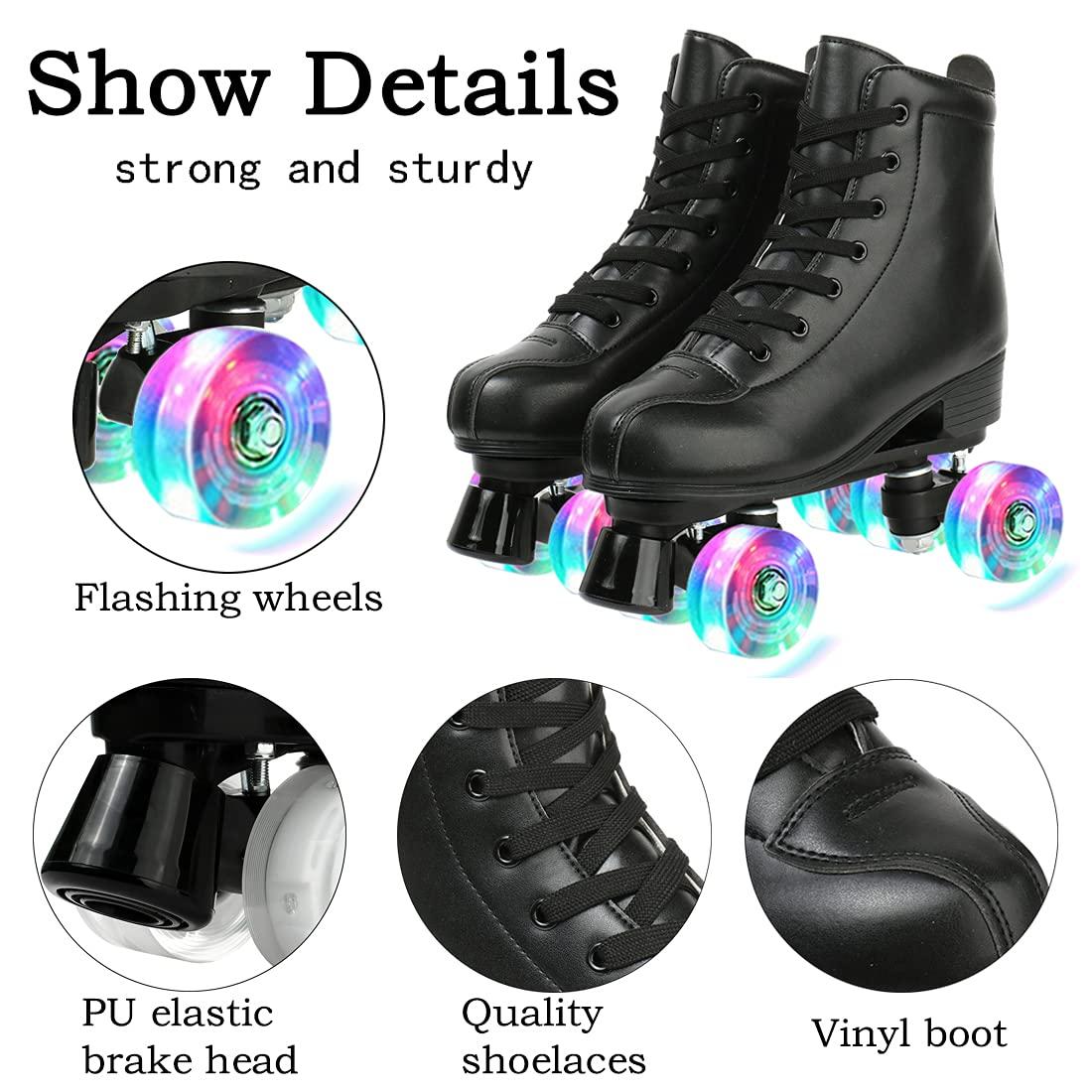 XUDREZ XUDREZ Roller Skates, Double Row Skates Adjustable Leather High-top Roller Skates Perfect Indoor Outdoor Adult Roller Skates with Bag (Flash Wheel,Women\'s 8 / Men\'s 6.5)
