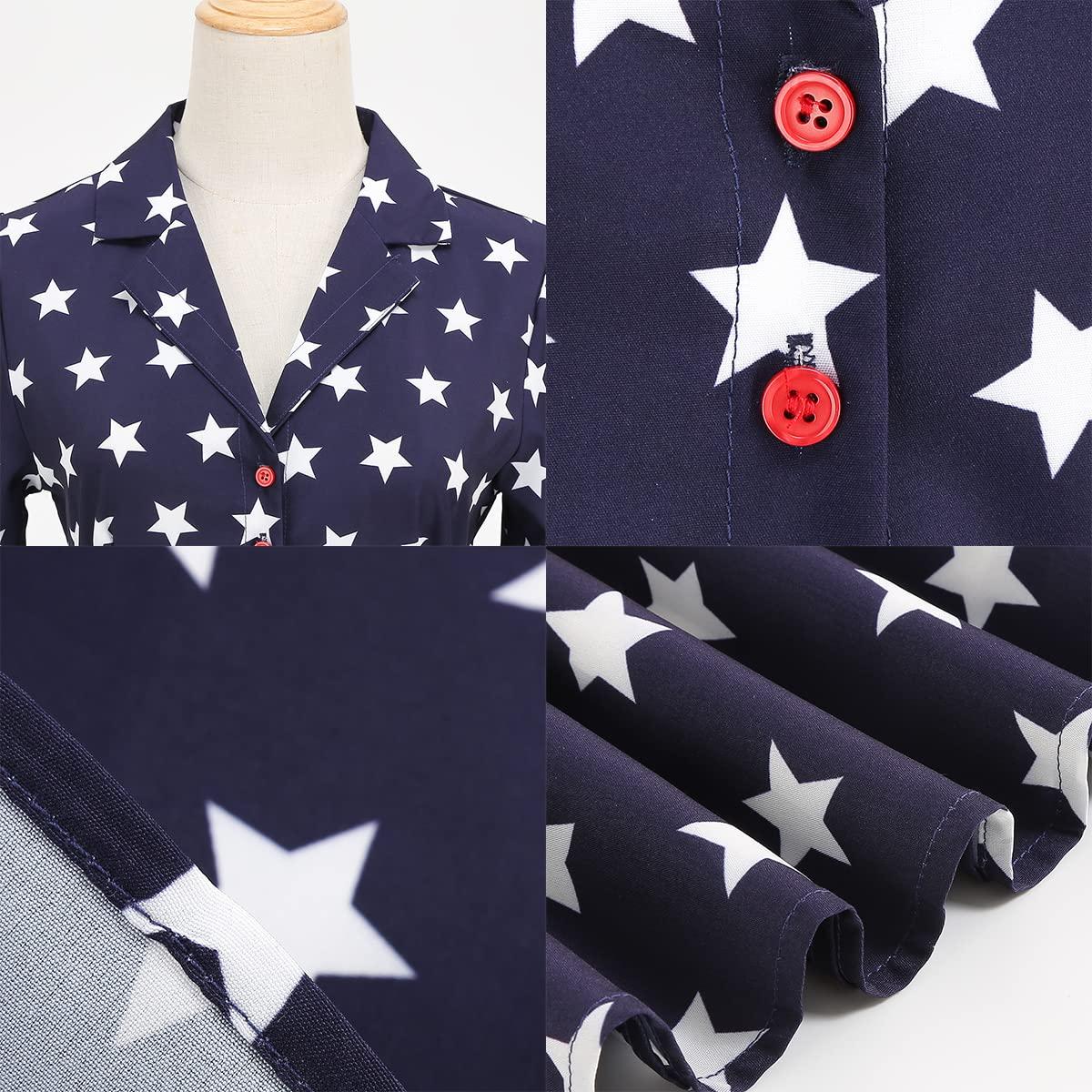 ABOCIW 4th of July Dress Women American Flag Dressy up Lapel Collar V Neck Short Sleeve Stars Shirt Dress A-line Knee Length Cocktail Party Patriotic Dress with Belt Navy Blue-Stars XL