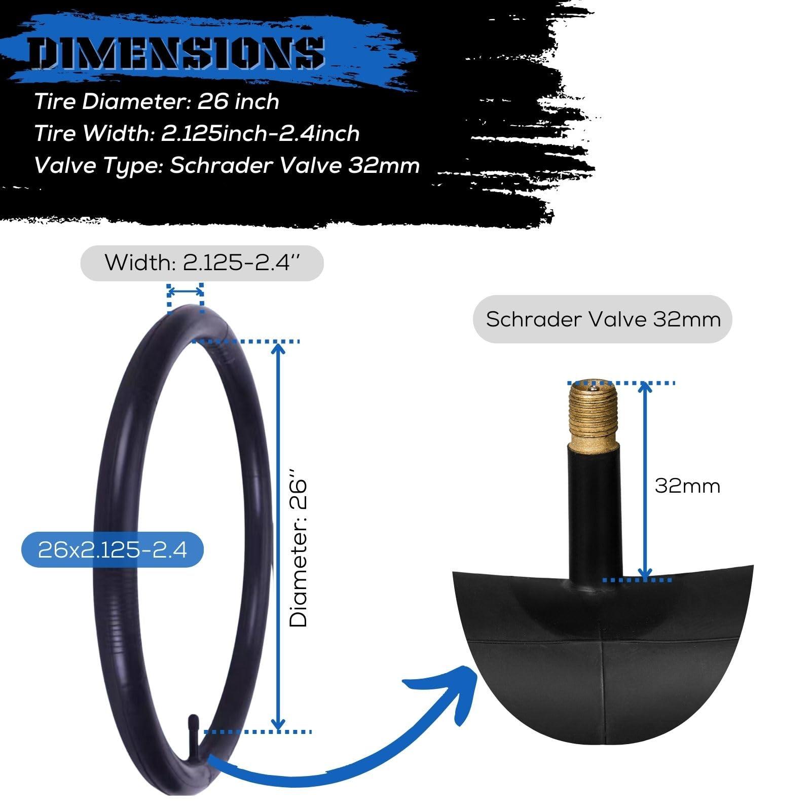 corki Corki Cycles 26 Inch Mountain Bike Inner Tube 4-Pack, Bike Tube 26 x 2.125 2.2 2.25 2.3 2.35 2.4 Standard Schrader Valve 32mm - Heavy Duty Butyl Rubber Bike Tire Tube