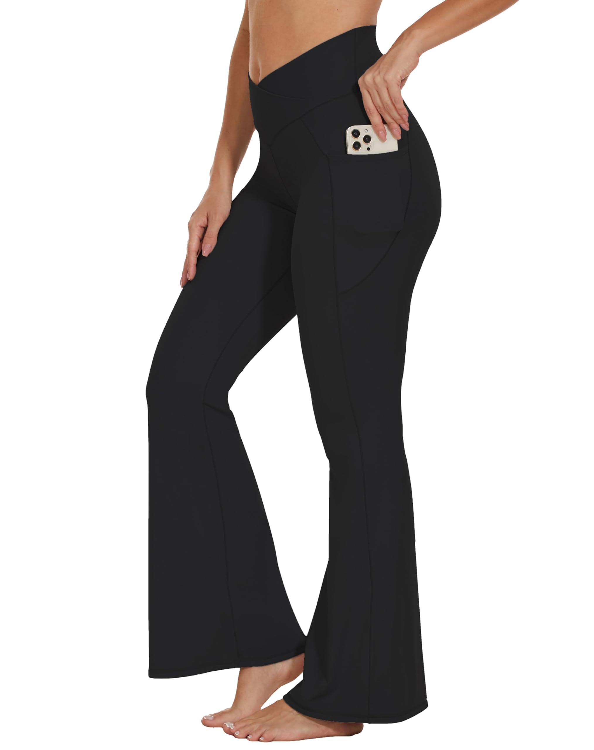 SOOWOT Flare Crossover Leggings with Pockets for Women 34\" High Waisted V Cross Wide Leg Yoga Pants Tummy Control Bootcut Workout Gym Black M