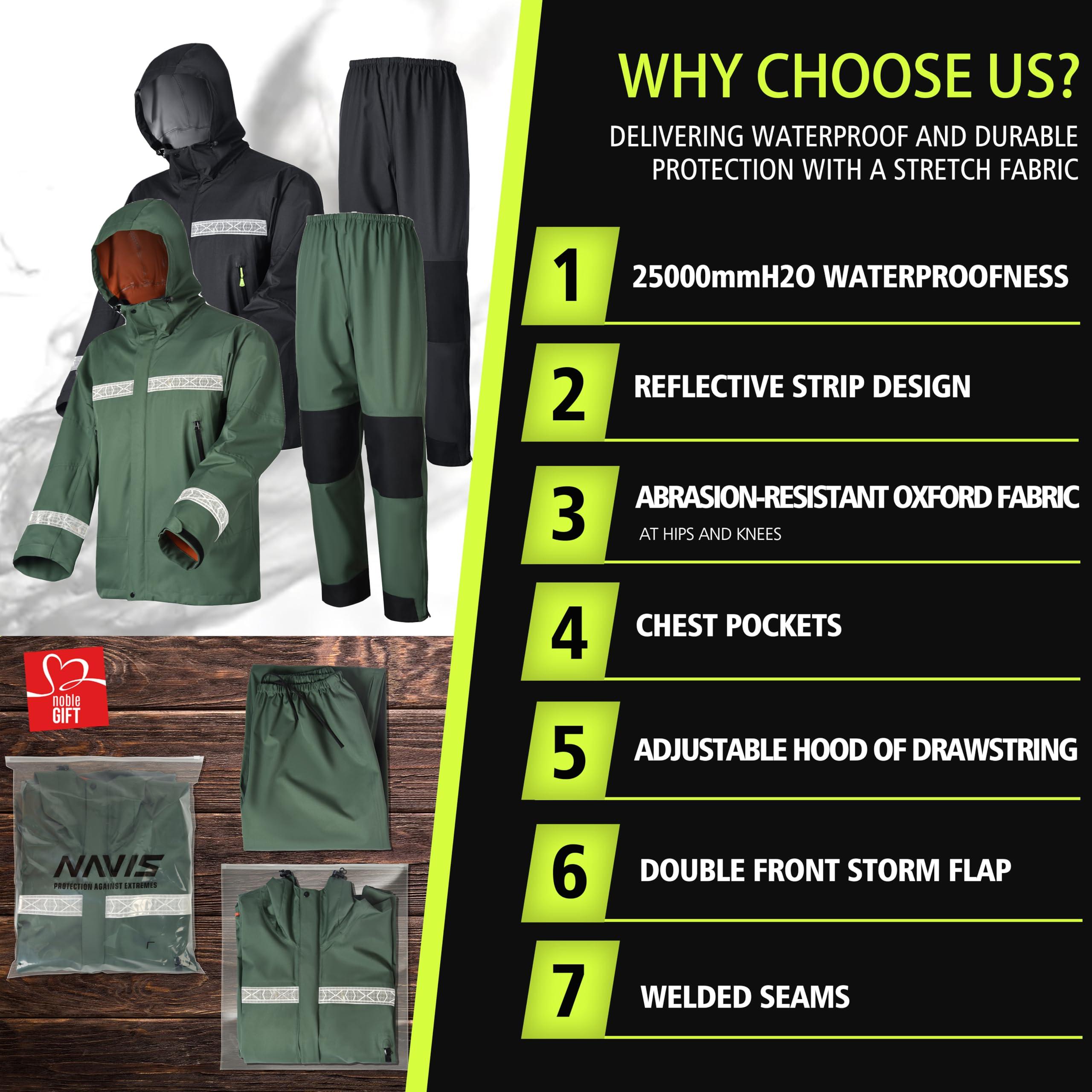 NAVIS MARINE NAVIS MARINE Rain Suit-Waterproof Jacket&Elastic Pants Combo,Lightweight Reflective Foul Weather Gear for Hiking and Fishing(Dark Green X-Large)