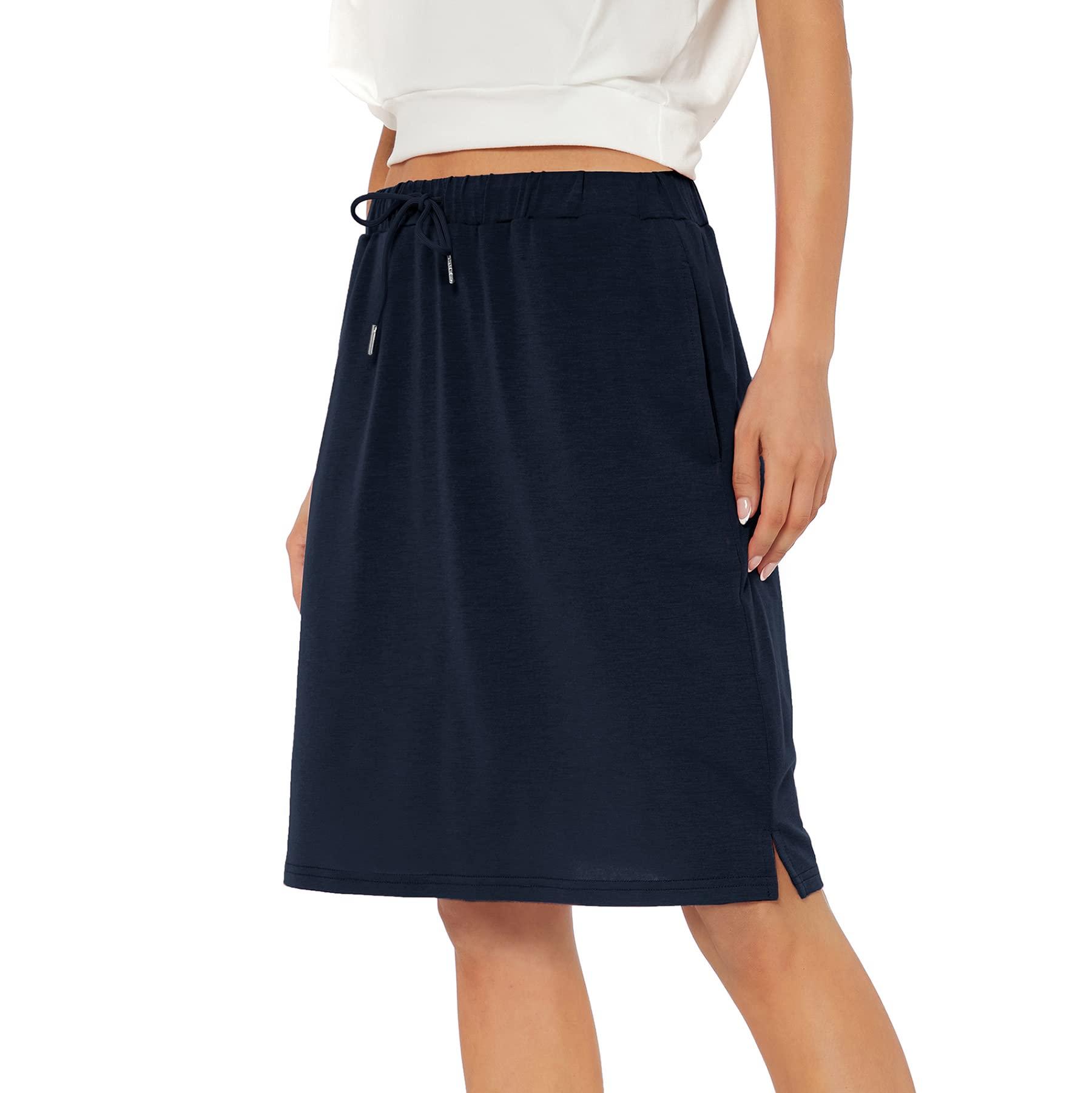 Zando Zando Tennis Skirts for Women with Pockets Athletic Knee Length Golf Casual Skorts Shorts Sports Drawstring Waist Skirt Navy Small