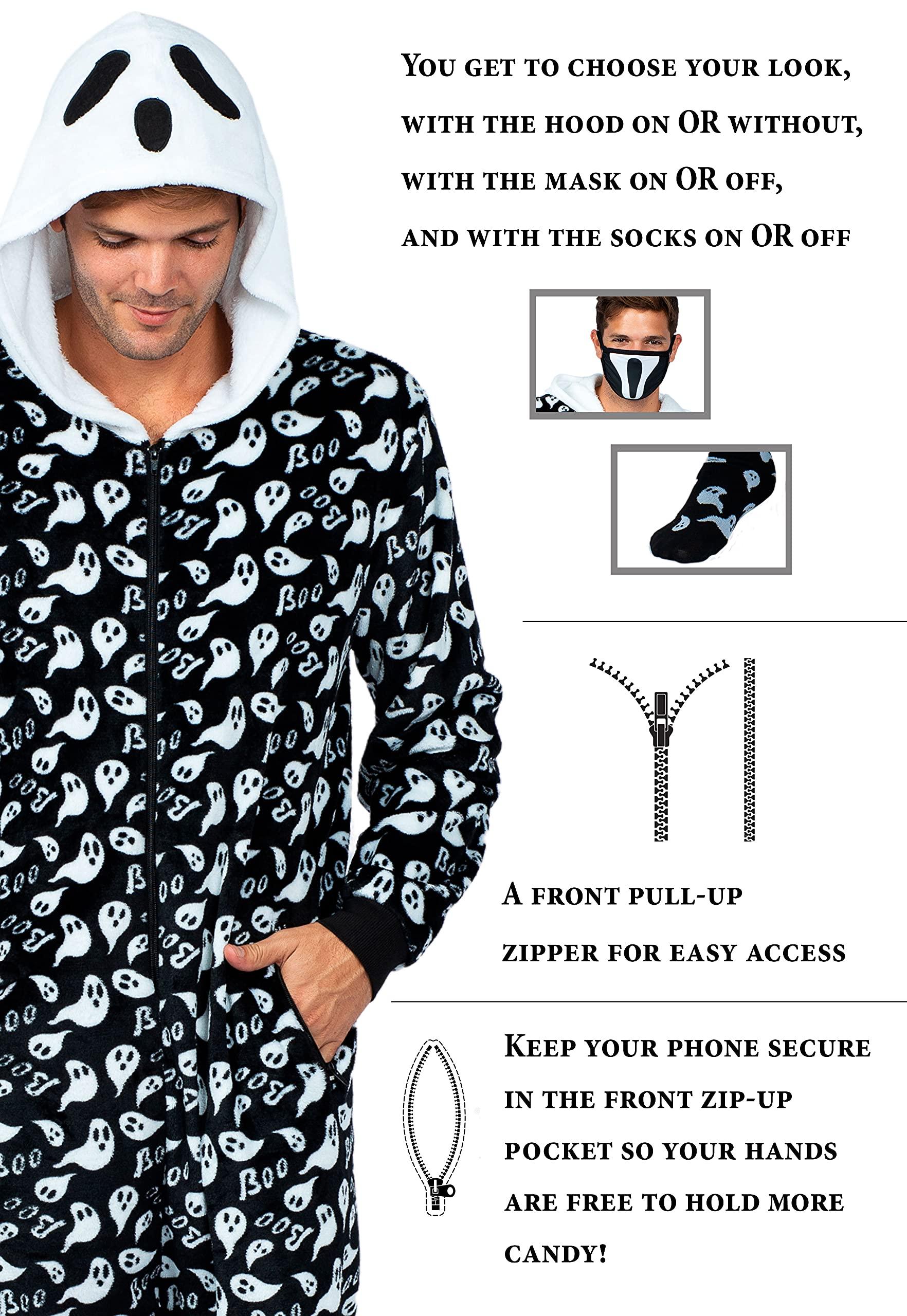 Prestigez Prestigez Holiday Matching Couples Costume Pajama Onesie With Socks and Mask, Ghost, Devil, and Skeleton, Black - Ghost, Size M