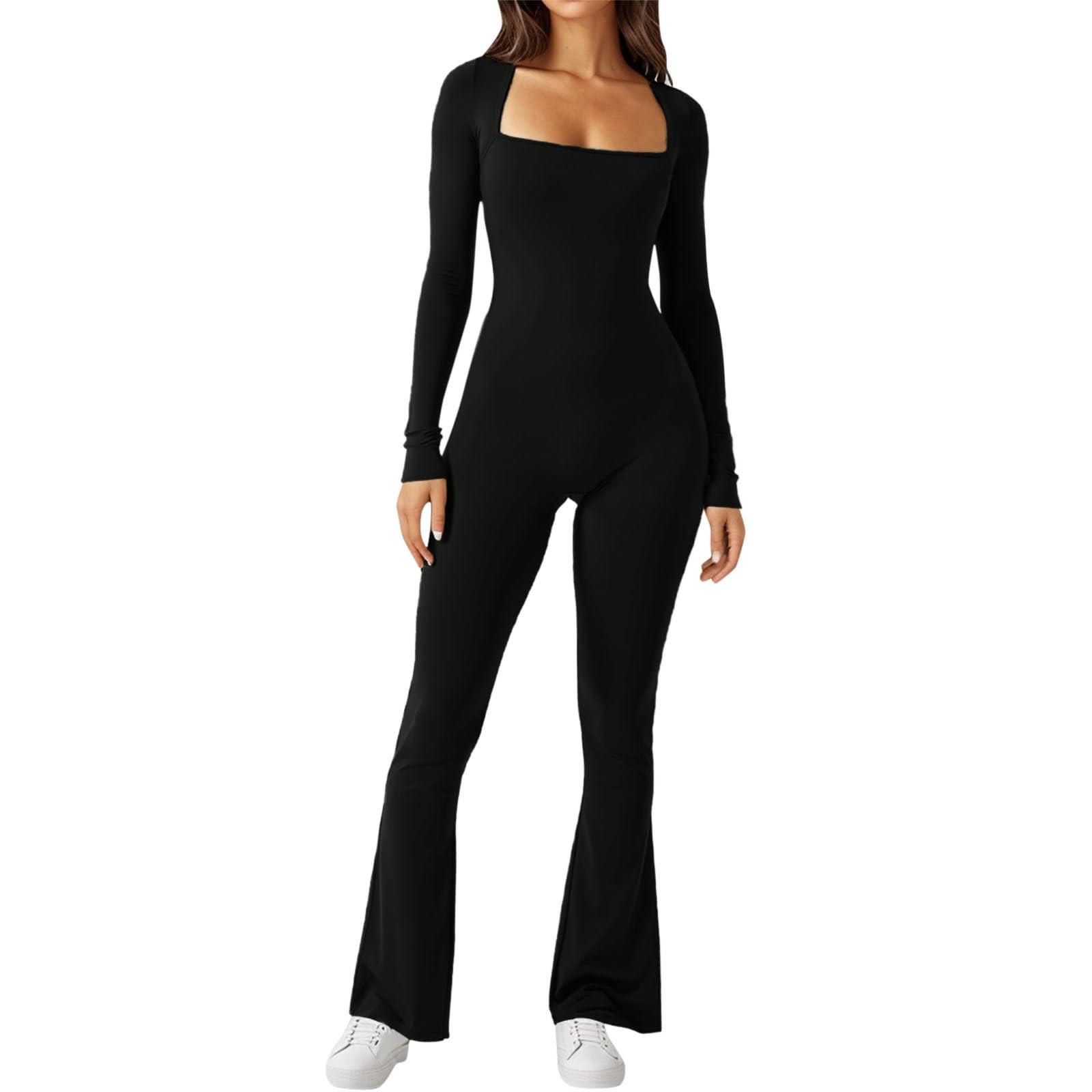 NineFit Basics Long Sleeve Jumpsuits for Women Square Neck Wide Leg Full Length Romper Playsuit Flare Jumpsuits Black Medium
