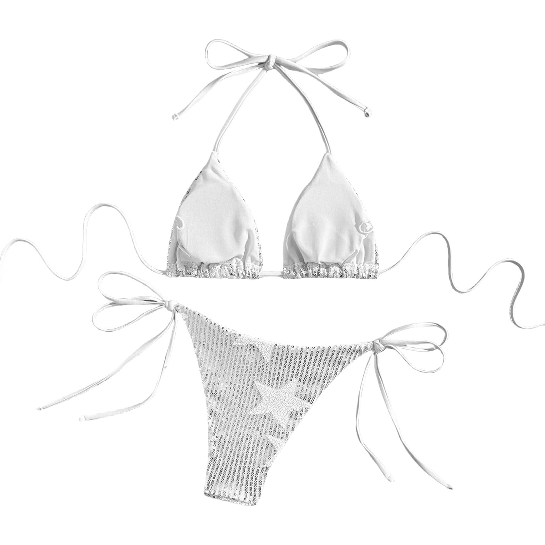 JASASCCEL Women Sexy Shiny Glitter Bikini Set Sparkle Bathing Suit Two Piece Swimsuits Triangle Top High Cut Bottom Set