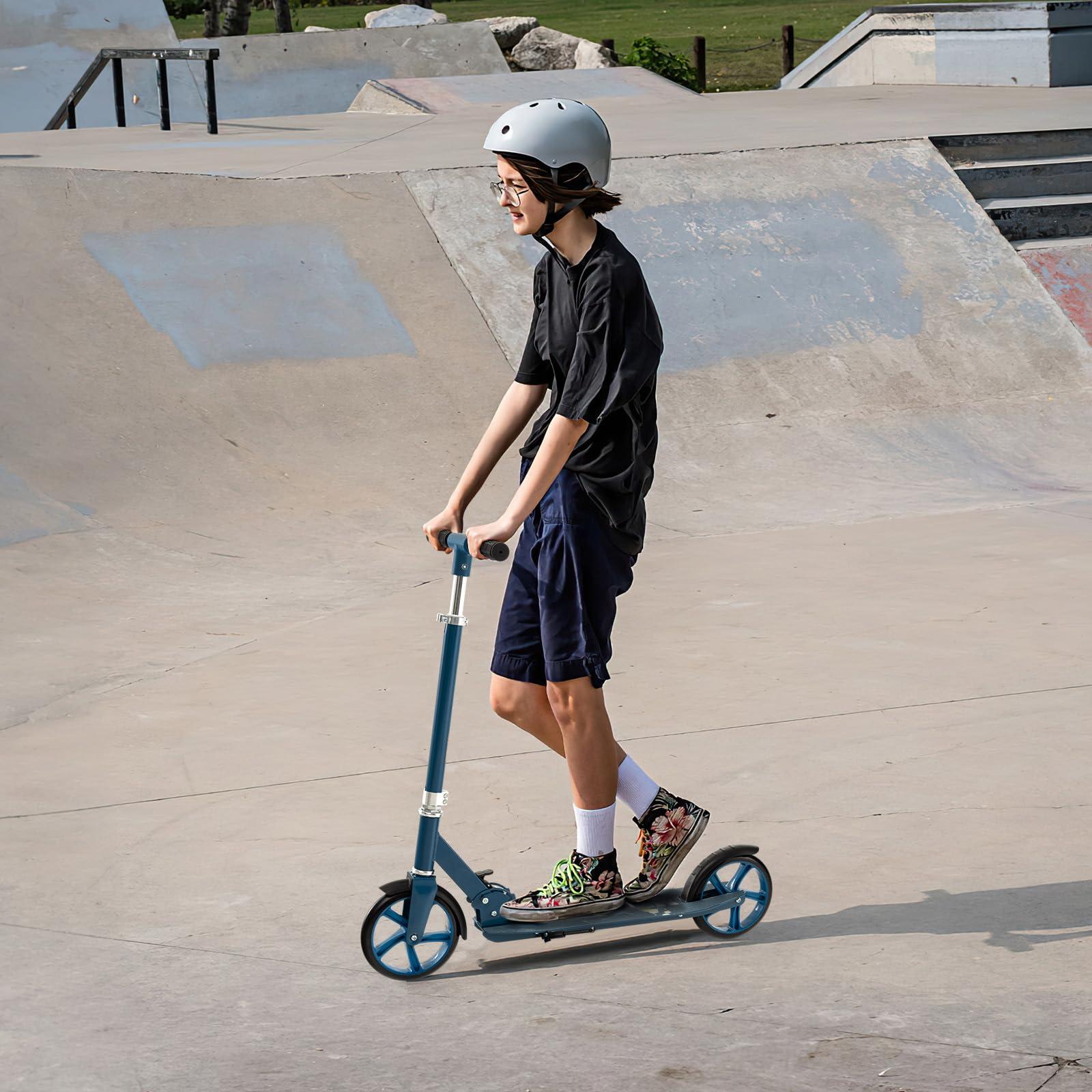 Costzon Costzon Kick Scooter for Kids Ages 8+, Foldable Kids & Adults Scooter with 8-inch Big Wheels, 3 Adjustable Heights, Max Load 220 LBS, Portable Scooters for Teens Boys Girls Gifts Presents (Blue)