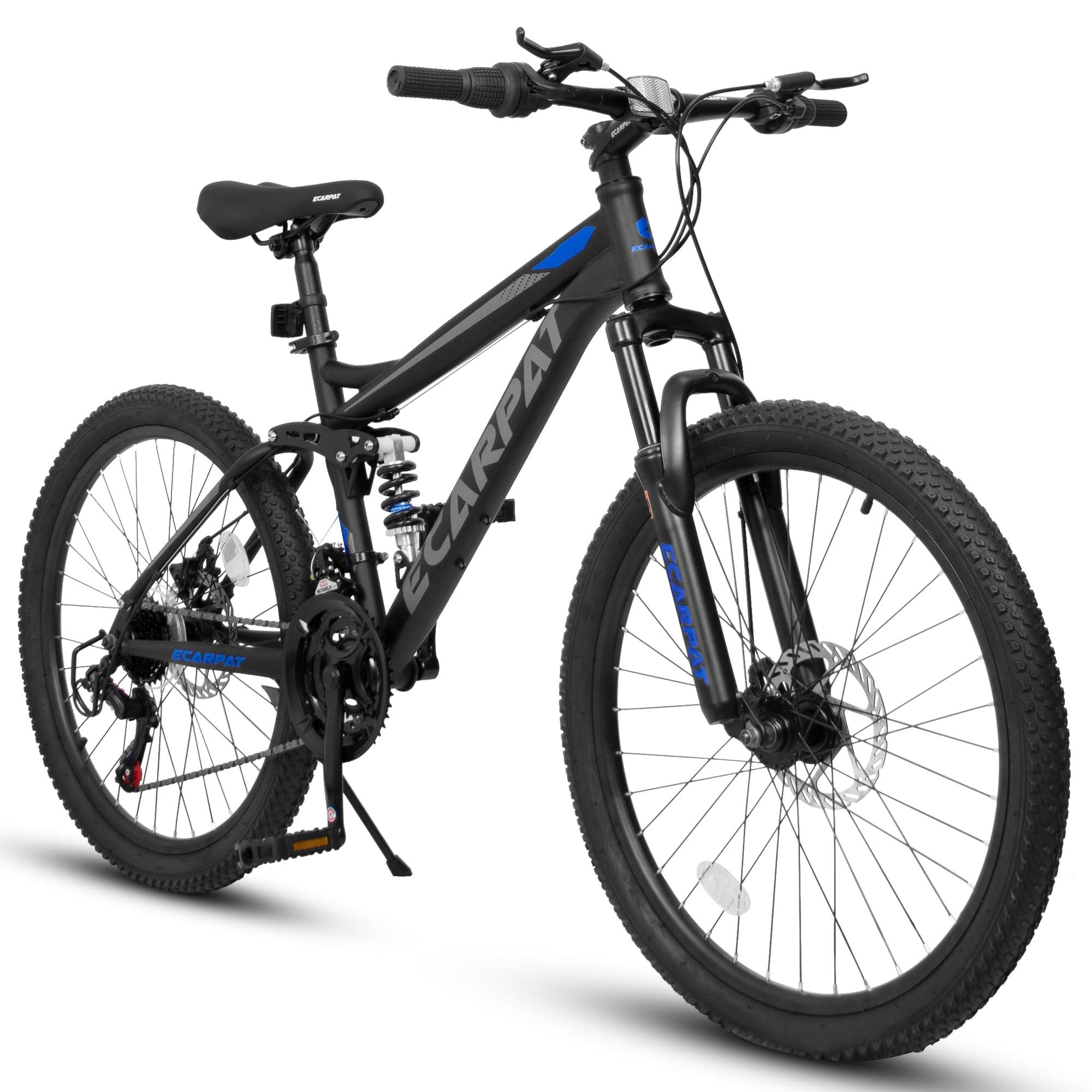 ECARPATEYE Mountain Bike 24 Inch Wheels, 21-Speed Full Suspension Trail Commuter City Mountain Bike, Carbon Steel Frame Disc Brakes Grip Shifter Front Fork Rear Shock Absorber Bicycles (Black, 24 Inch)