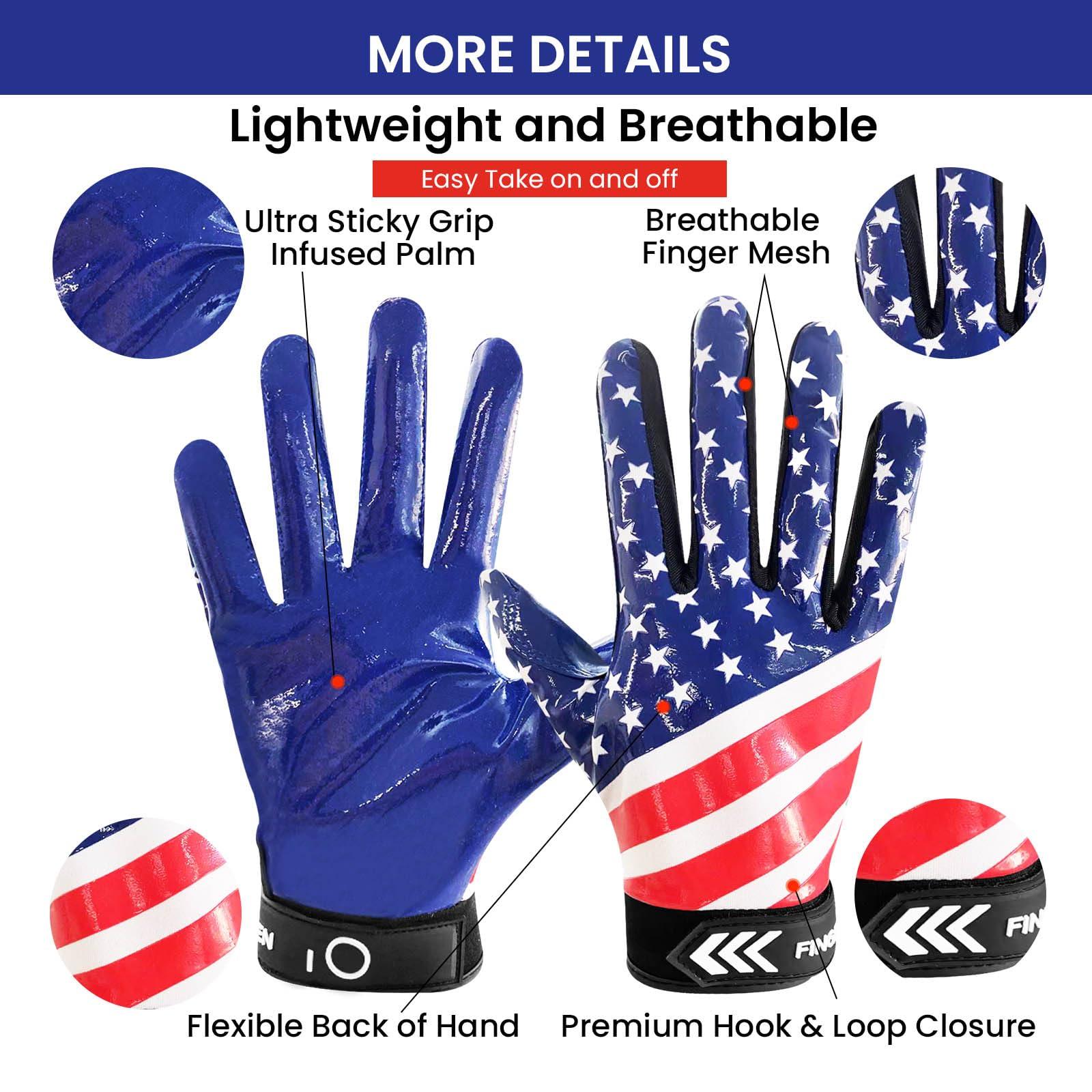 FINGER TEN Finger Ten Football Receiver Gloves Men Adult Receiving Gloves Pro 2.0 Grip Gloves Breathable USA Flag Small Large Medium X-Large (USA Flag, Large)