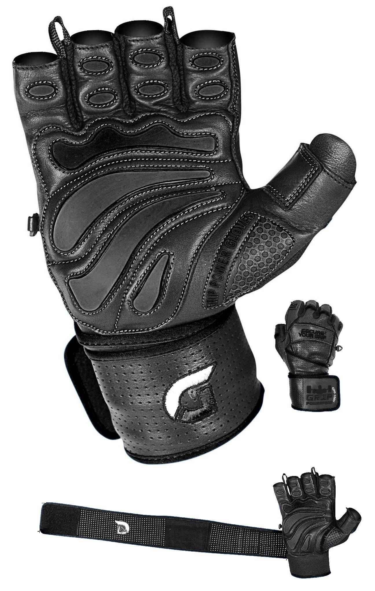 Grip Power Pads Elite Leather Gym Gloves with Built in 2" Wide Wrist Wraps Best Leather Glove Design for Weight Power Lifting Bodybuilding & Strength Training Workout Exercises (Black, Large)
