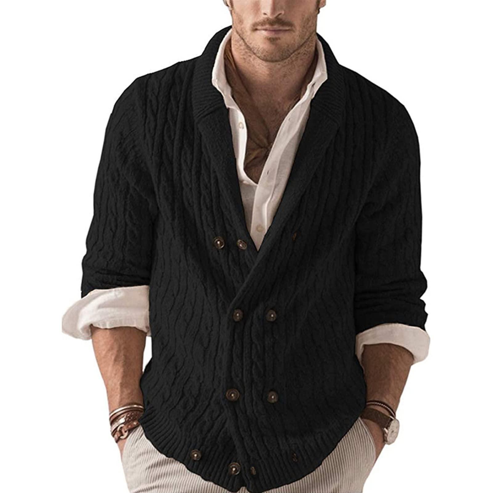 Kaxiya2021 Men's Double Breasted Cardigan Sweaters Shawl Collar Button Up Cable Knitwear Thermal Thick Chunky Sweater Jacket (Black,Small)