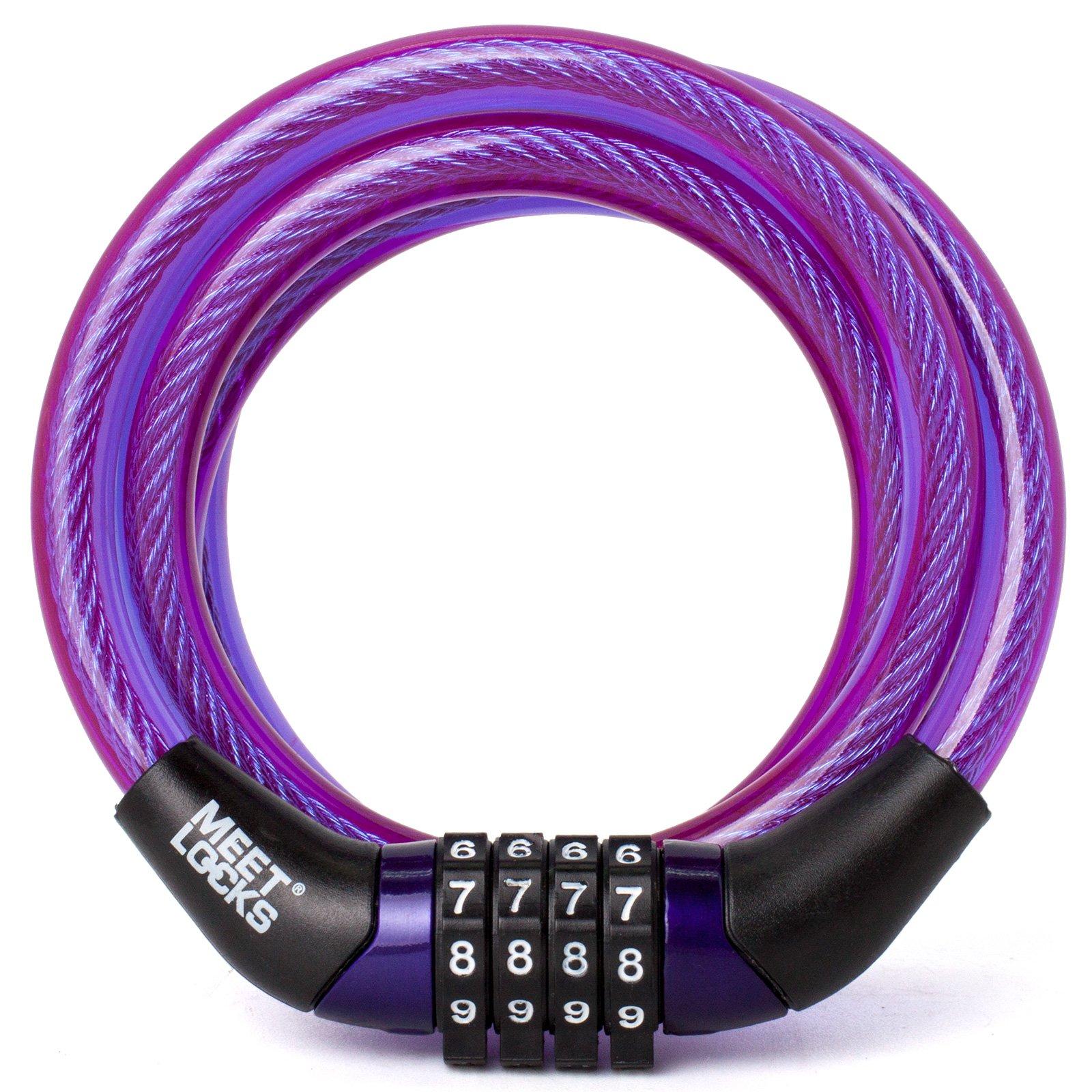 MEETLOCKS MEETLOCKS Combination Bike Cable Lock, Lightweight Mini Bike Lock for Kids Bike,Cable Size 1/3\" x 4\', Purple Security Resettable Cable Lock