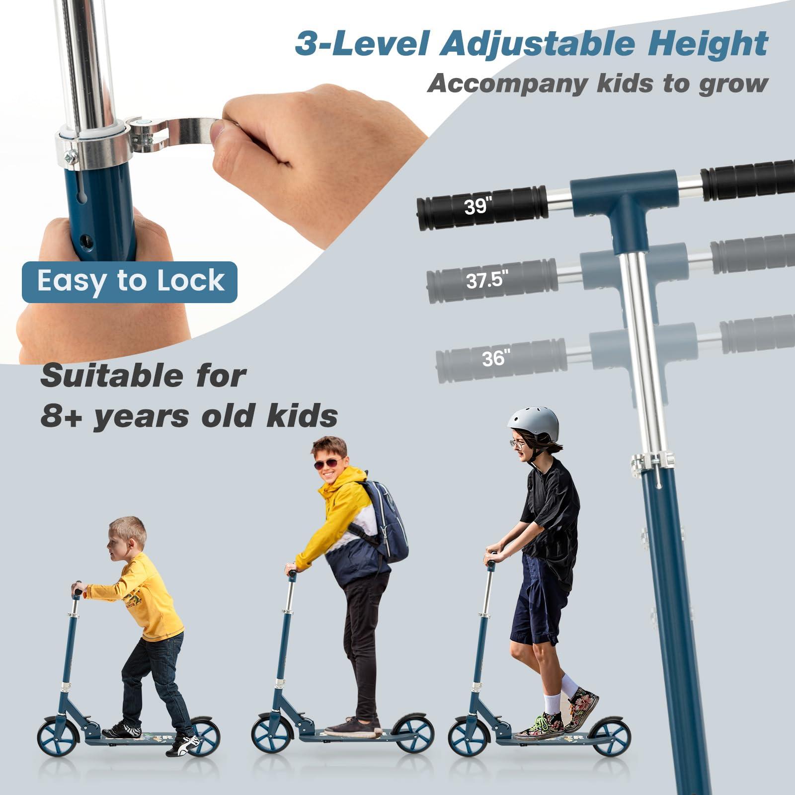 Costzon Costzon Kick Scooter for Kids Ages 8+, Foldable Kids & Adults Scooter with 8-inch Big Wheels, 3 Adjustable Heights, Max Load 220 LBS, Portable Scooters for Teens Boys Girls Gifts Presents (Blue)