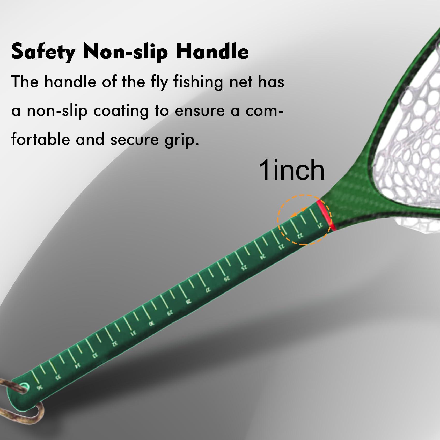 Riverruns Riverruns Carbon Fiber Landing Net - Fly Floating Fishing Net with Soft Rubber Trout Net and Measuring Lines on The Handle - Lightweight and DurableLong Handle/Green/Carbon Pattern