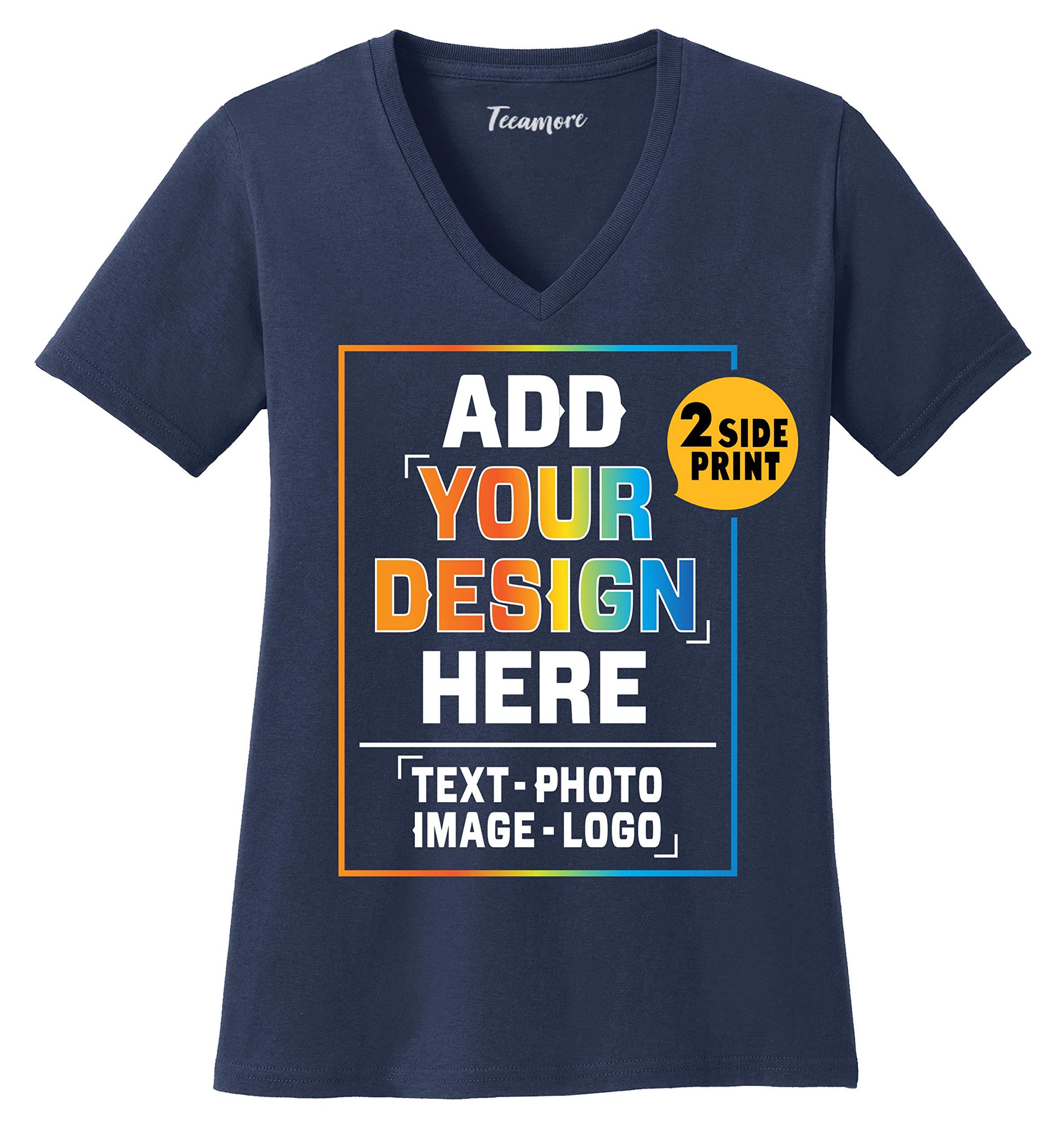 TEEAMORE Women Custom V Neck T Shirts Design Your Own Add Picture Photo Text Two Sided Navy