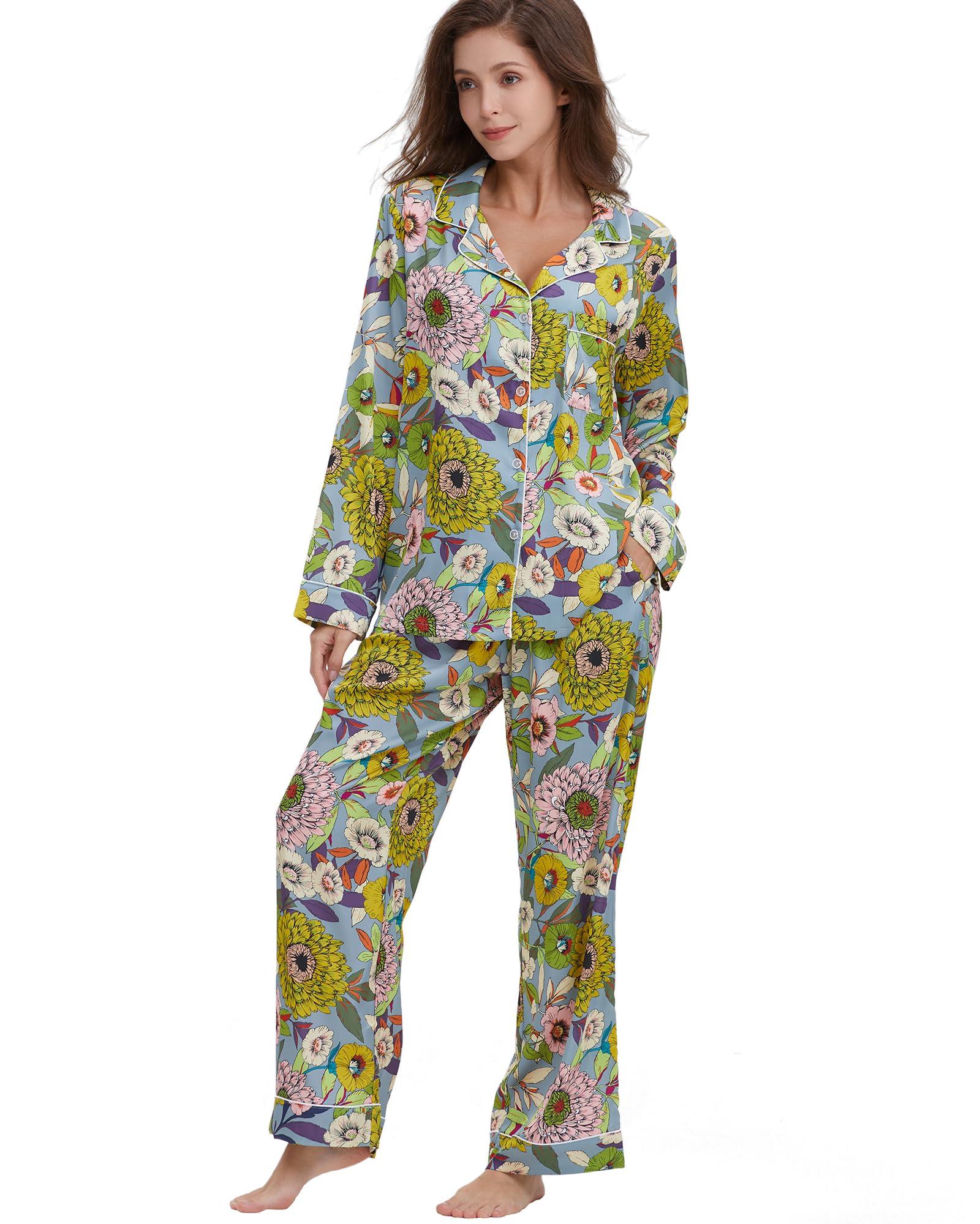 YiNi LuLu YiNi LuLu Womens Silk Satin Pajamas Set Button Down 2 Piece Pjs Set For Women Long Sleeve Oversized Sleepwear with Pockets