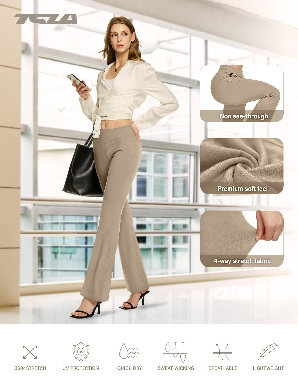 TSLA TSLA Women\'s Yoga & Dress Pants, Office Business Casual Work Slacks, Stretch Straight Leg/Bootcut Pants with 4 Pockets, Bootcut Khaki, Large