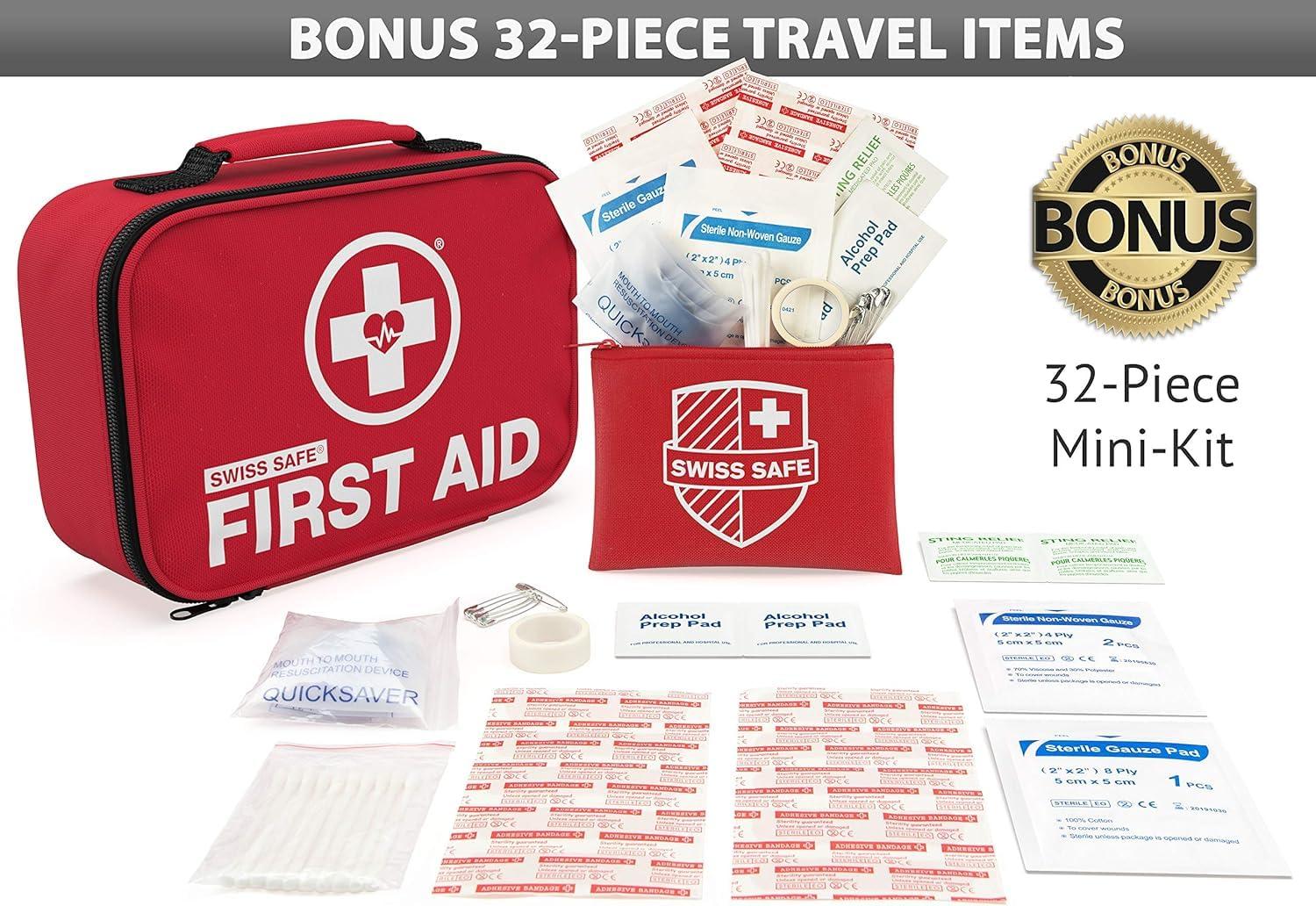 Swiss Safe Swiss Safe 2-in-1 First Aid Kit for Car, Travel & Home, Businesses - Bonus Mini Kit for Medical Emergency Aid, Survival, Camping - FSA & HSA Eligible - 120+32 Pcs, Small+Travel FAK