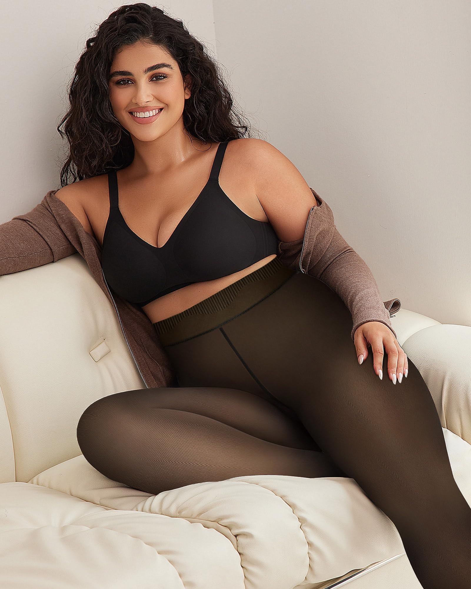 OEAK OEAK Womens Fleece Lined Leggings Sheer Translucent Tights Pantyhose Thermal High Waisted Footed Tights Warm Black 300g L/XL PLUS