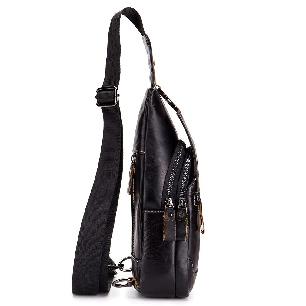 Hebetag Hebetag Leather Sling Bag Crossbody Backpack for Men Women Outdoor Travel Camping Hiking Shoulder Chest Day Pack Casual Daypack, Black