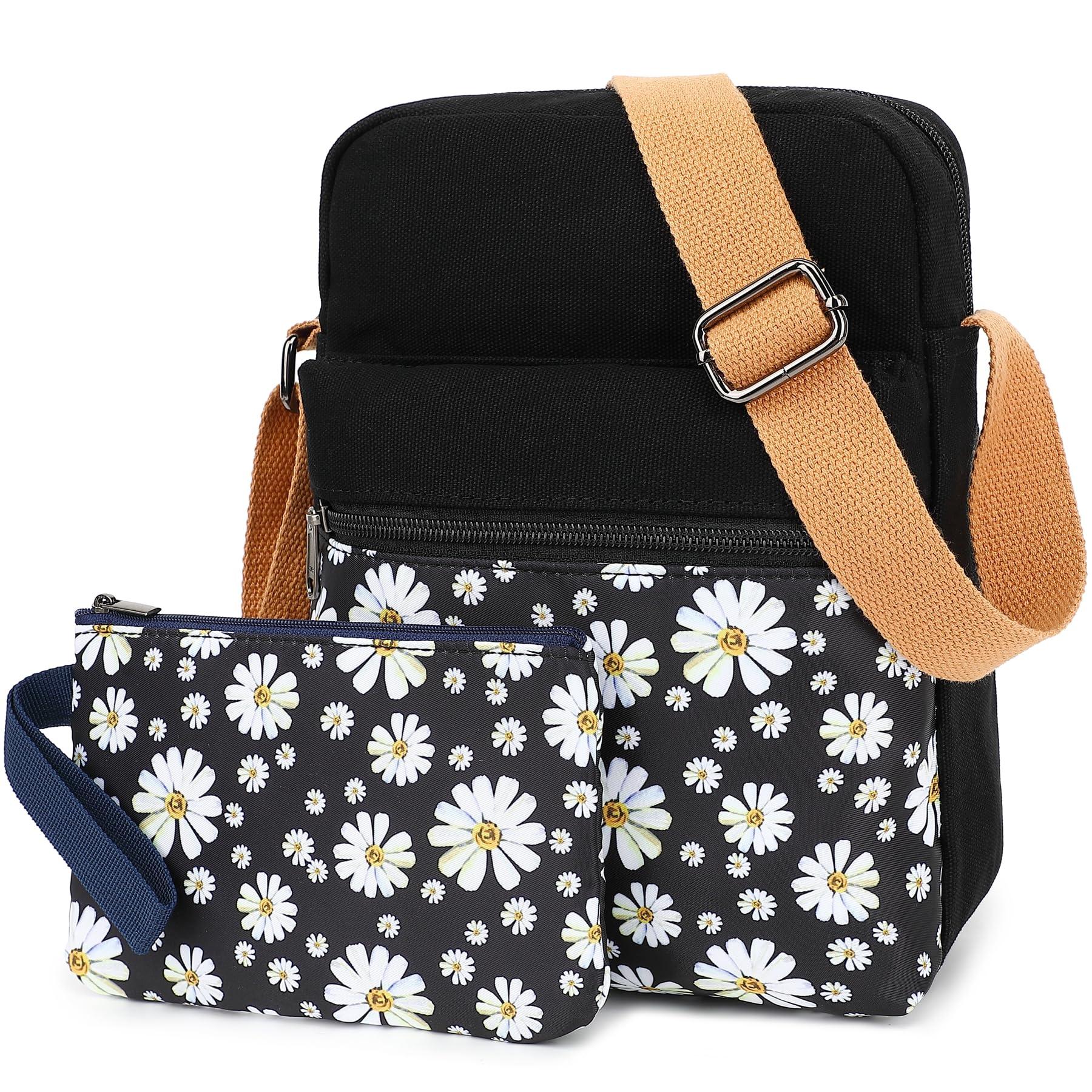 H HIKKER-LINK H HIKKER-LINK Flowers Crossbody Bag and Purse Casual Canvas Shoulder Bag for Women Messenger Bags Daisy Black