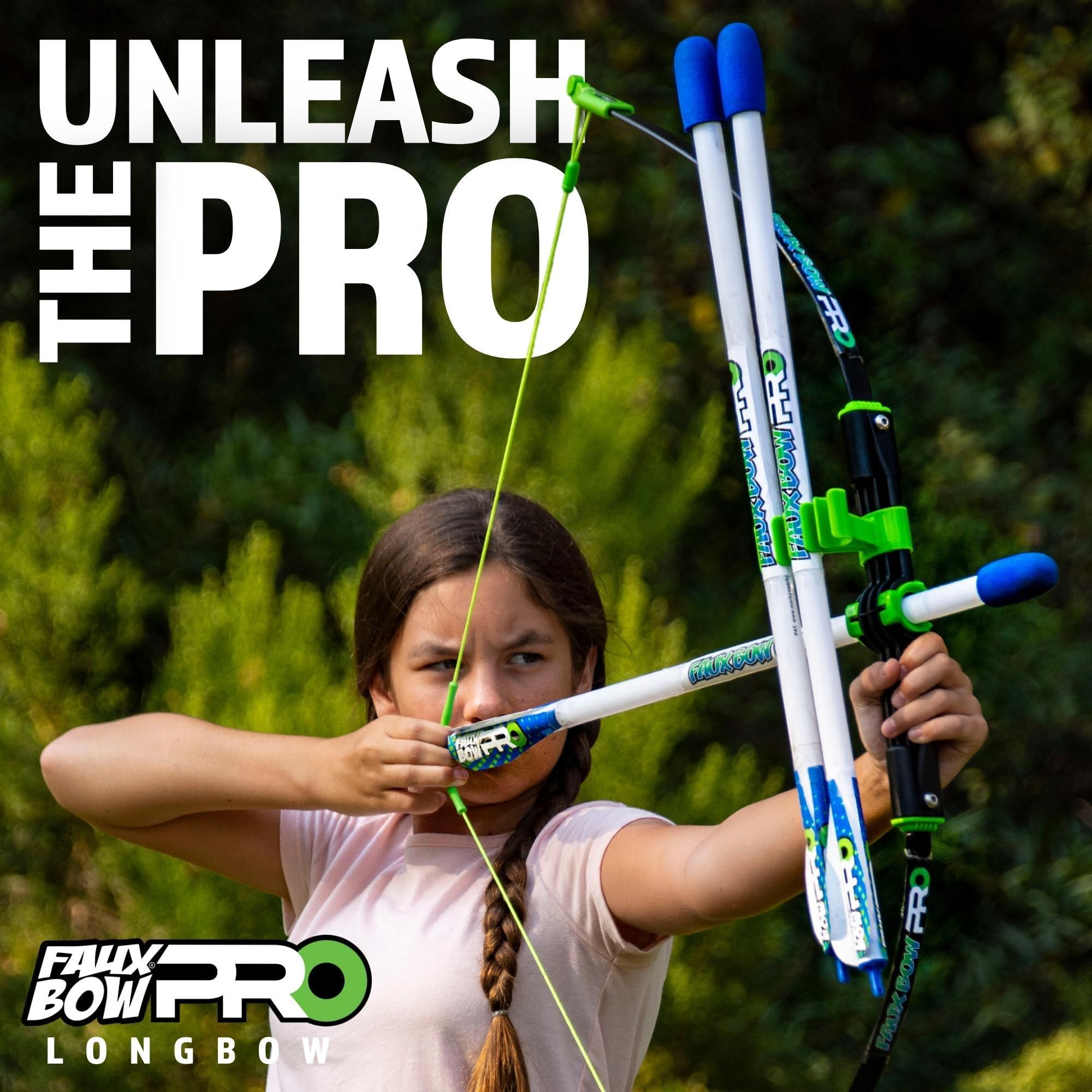 FAUX BOW Original FAUX BOW Pro Longbow– Patented Bow and Arrow Impact Archery Set - Shoots Over 200 Feet – Best Outdoor Toy - Youth Safe Archery Anywhere - Fun Backyard Target Practice
