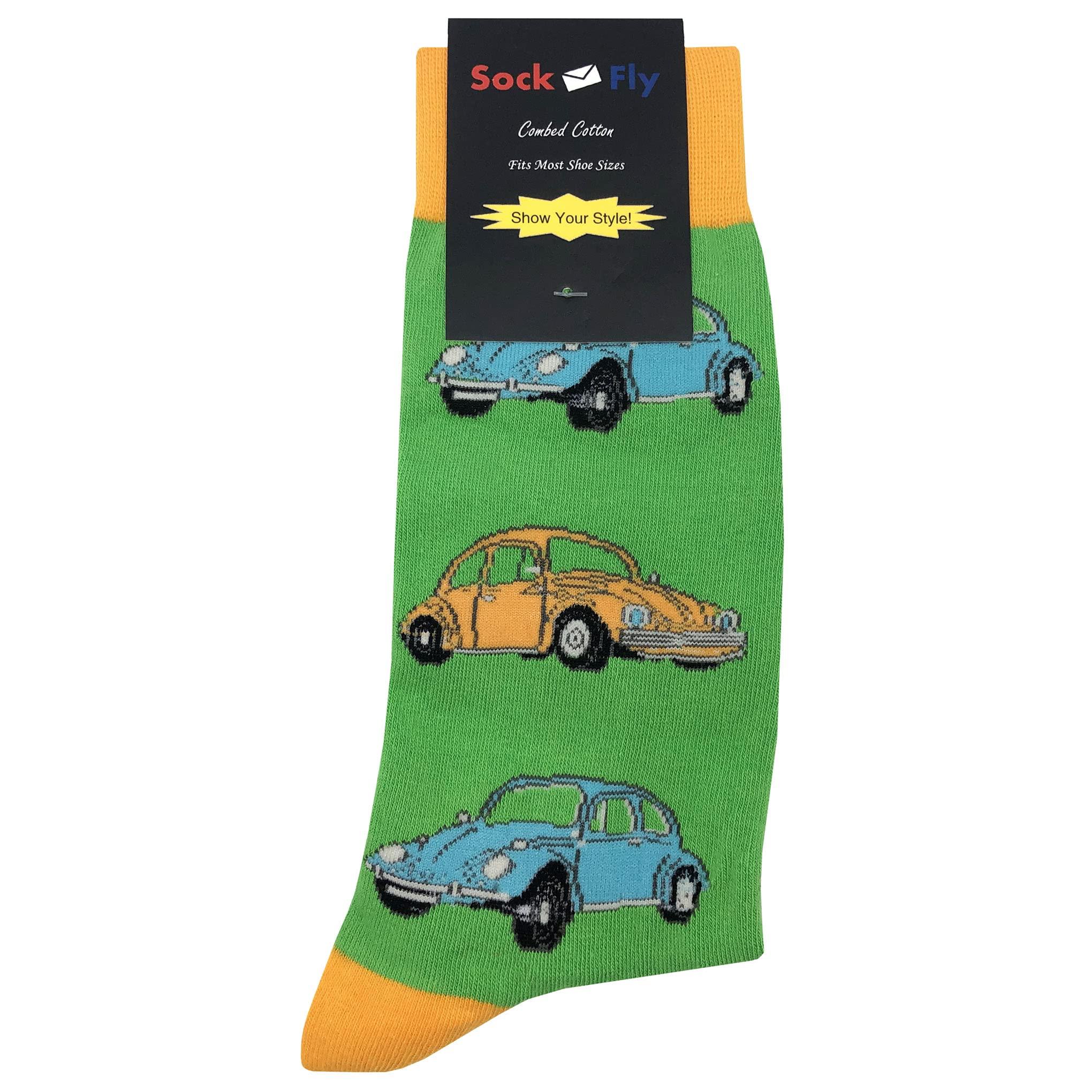 SockFly SockFly VW Beetle Green Dress Socks Funny Novelty Crazy Fun Design Men Size 8-12 Cotton Casual Crew Colorful Funky Fancy Socks Gift for Men