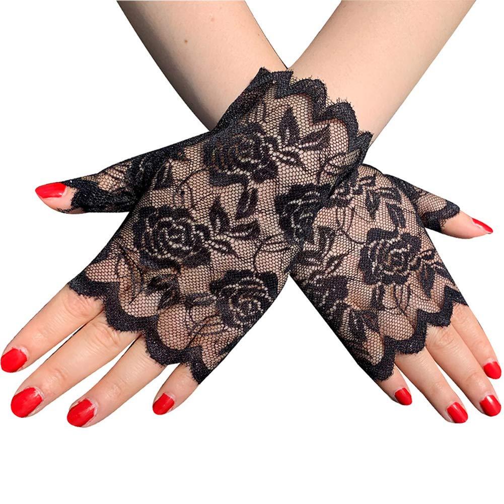 Tvoip Tvoip 1 Pair Womens Sun Protection Driving Half Finger Gloves Charming Sexy Lady Girl Lace Party Costume Fingerless Gloves (Black)