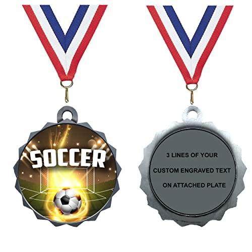 Express Medals Express Medals Custom Soccer Silver Medal Trophy Award with Neck Ribbon & Attached Engraved Plate on Back LAZD214-EG180 1PK