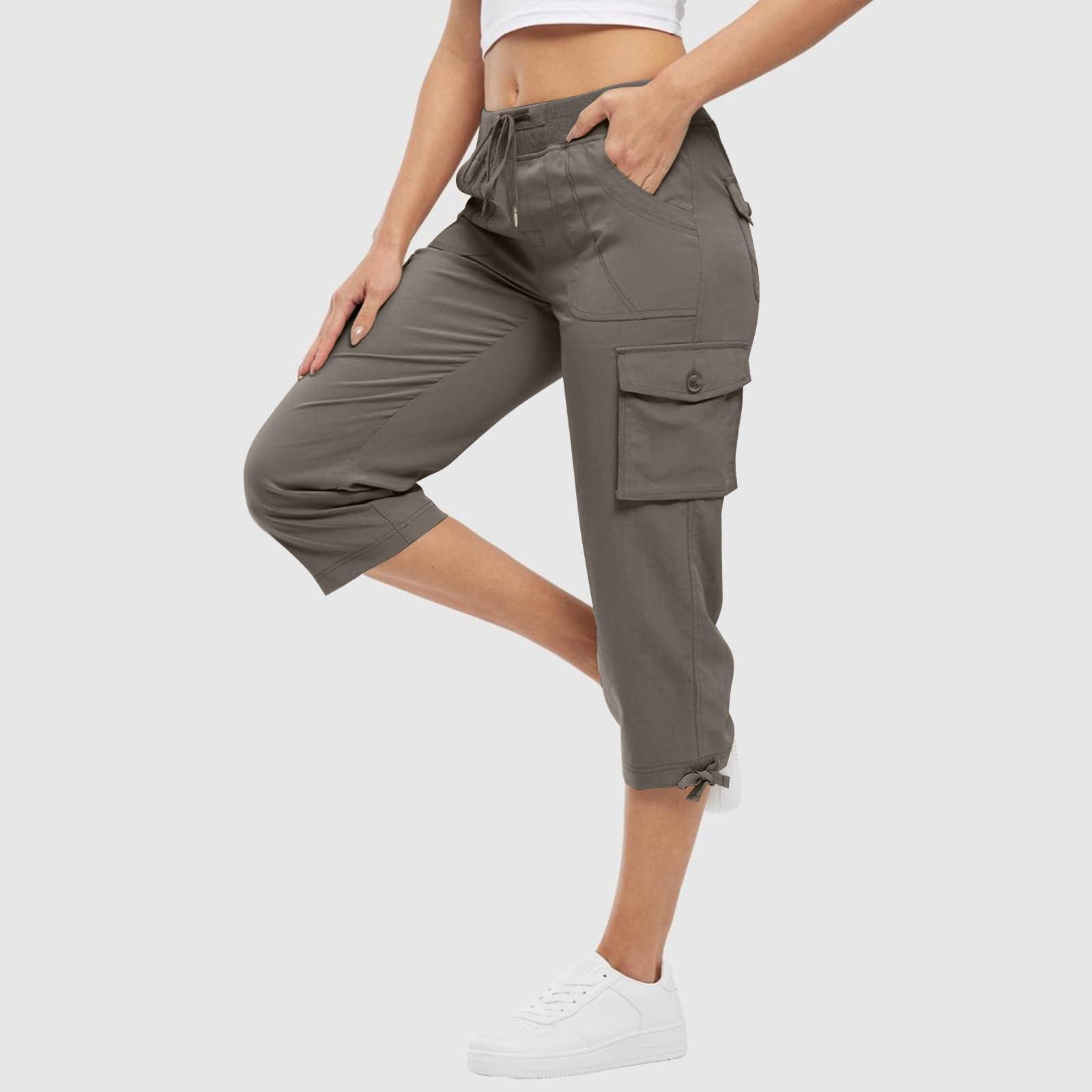 Slakkenreis Cargo Capris for Women Summer Casual Drawstring Capris Pants with Pockets Plus Size Quick Dry Hiking Pants Baggy Capri Cargo Pants Elastic Waist Cropped Pants Outdoor Travel Pants for Camping Golf